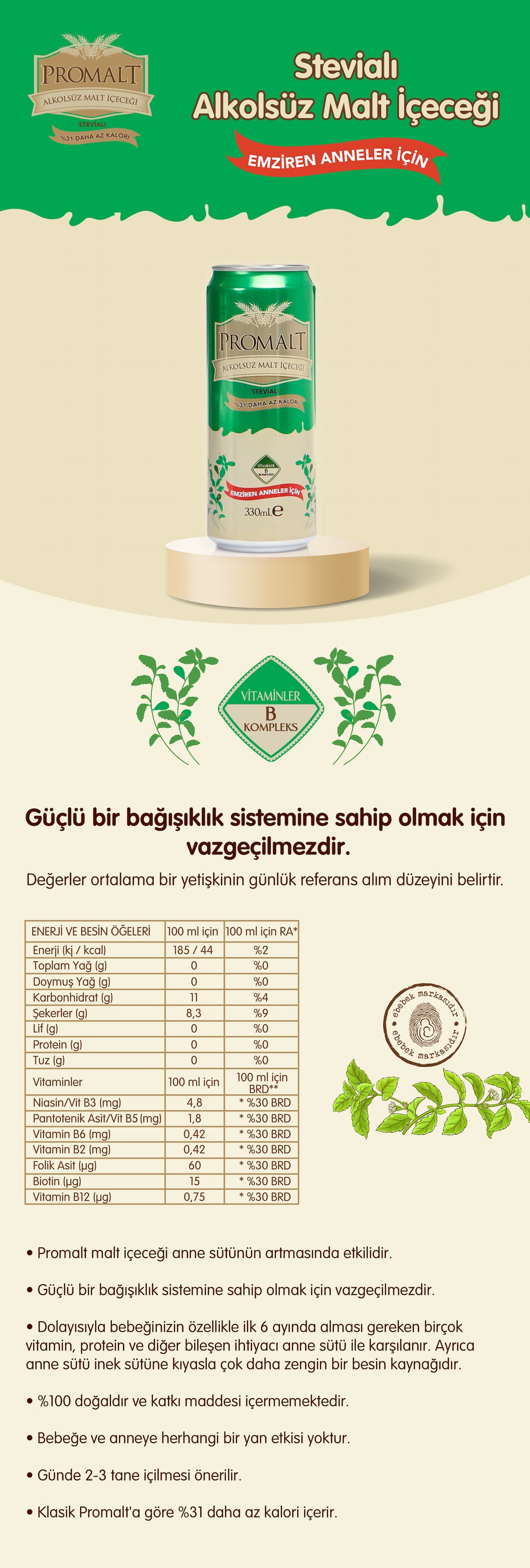 Promalt Stevialı Alkolsüz Malt İçeceği 330 ml - ebebek