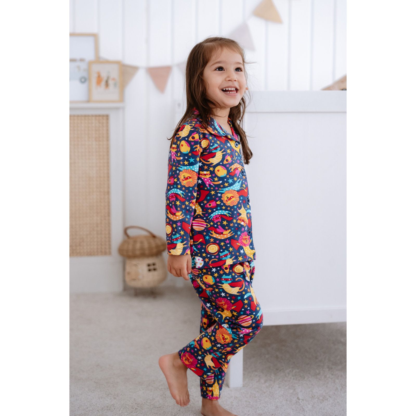 Önden Düğmeli Çocuk Pijama Takımı Uzay Desenli