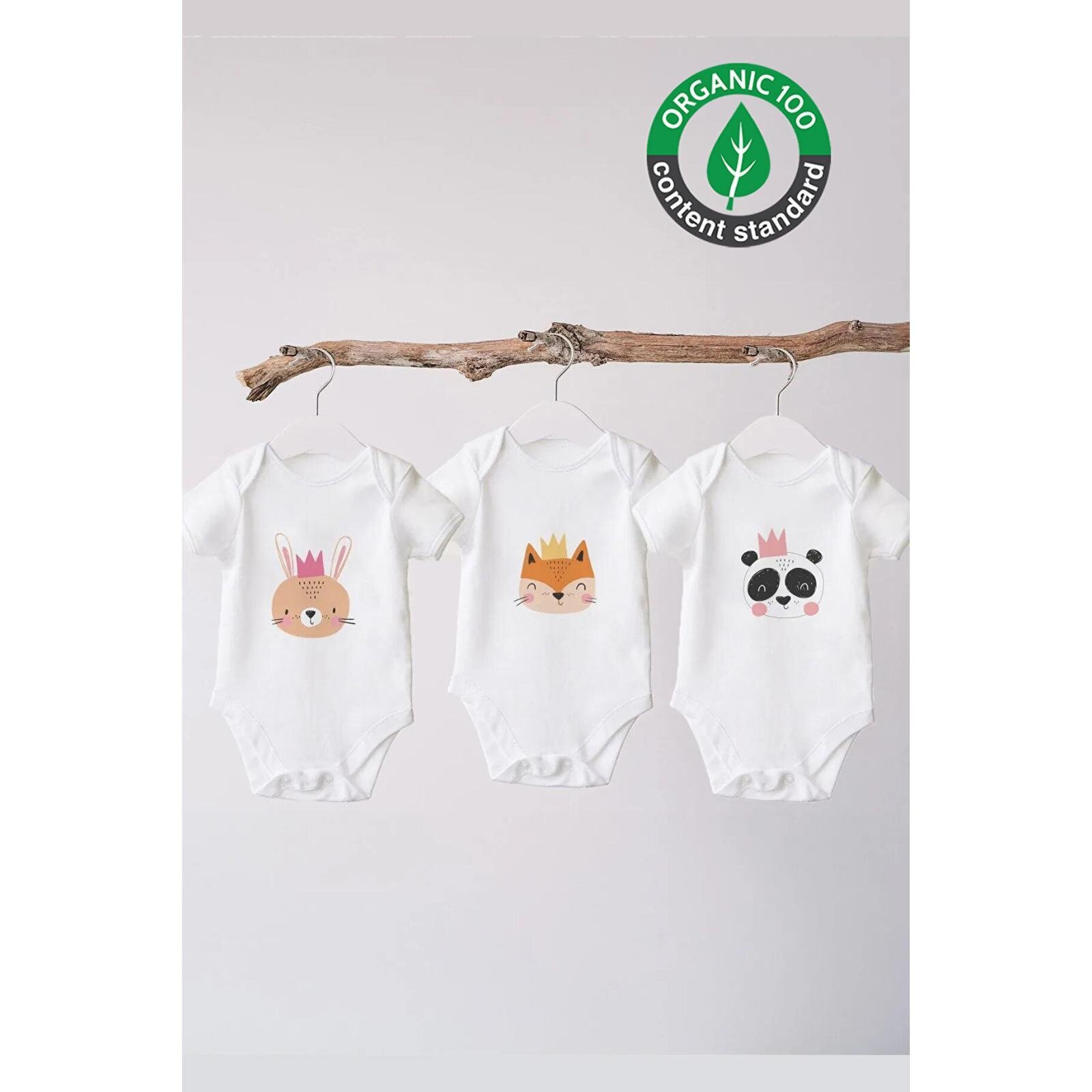 %100 Organik Pamuk 3lü Baskılı Kısa Kollu Bebek Body Panda