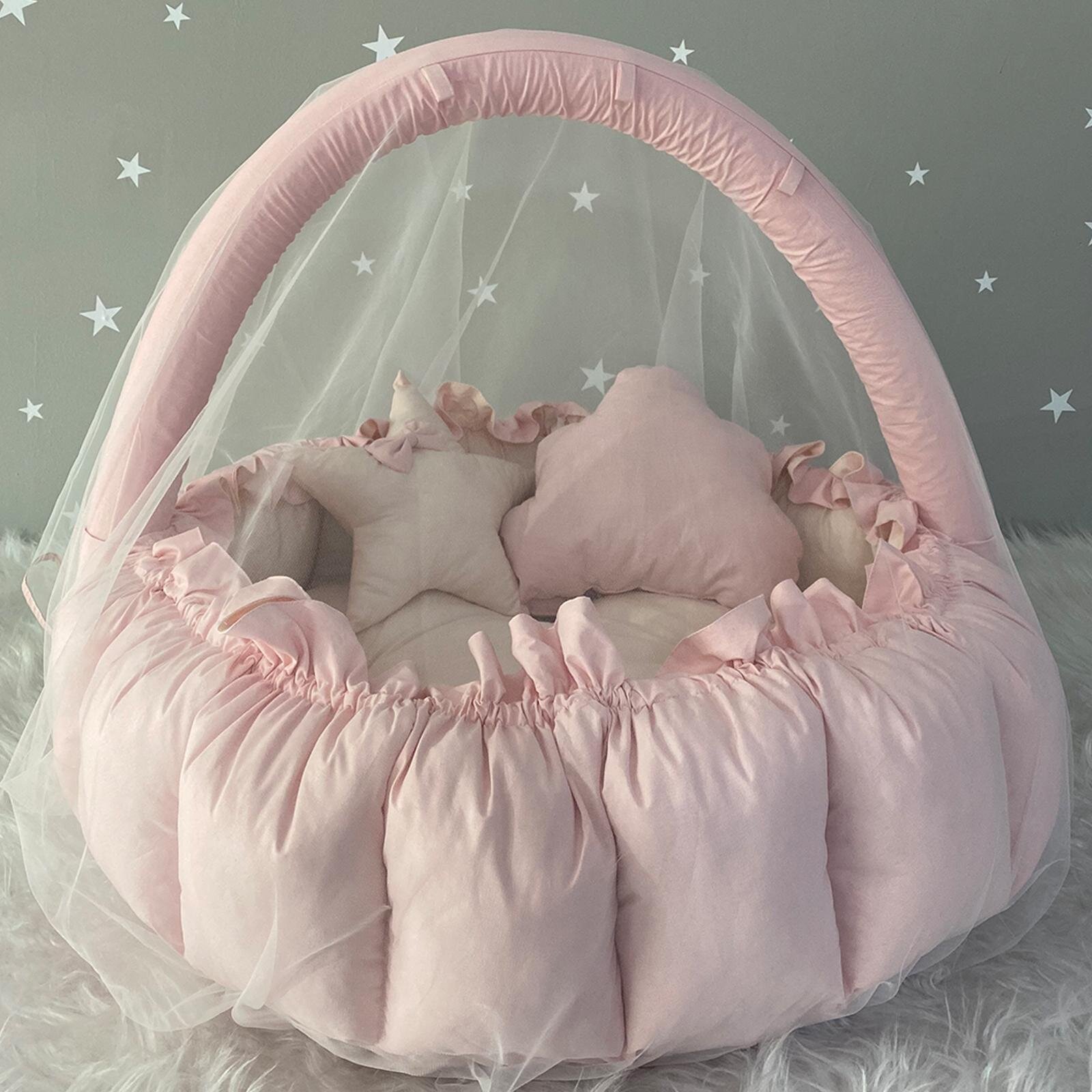 Premium Oyun Minderi Pudra ve Somon Renk Cibinlik Tüllü Oyun Minderi Babynest