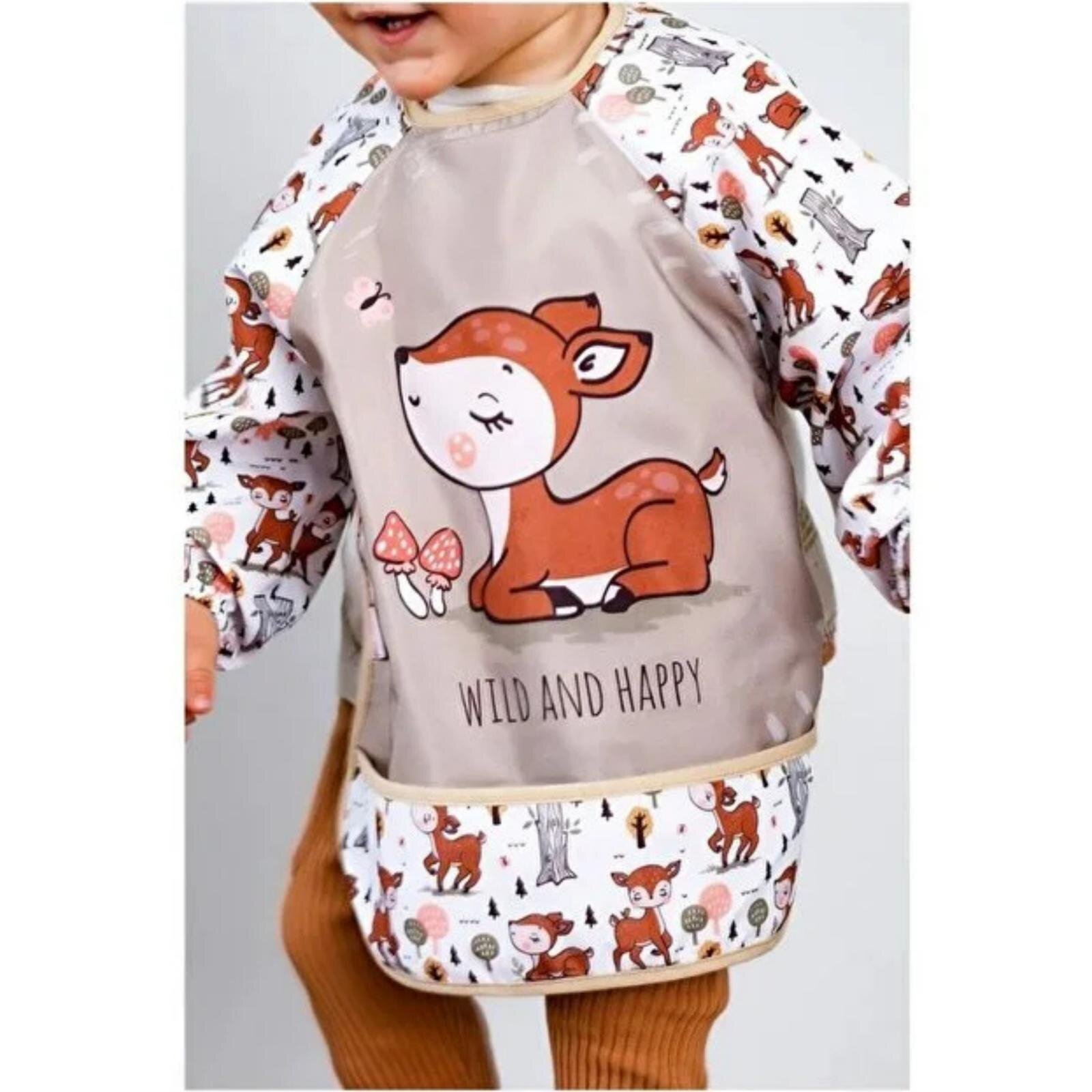 Sıvı Geçirmez Uzun Kollu Mama Ve Aktivite Önlüğü - Wild And Happy Karaca Desenli