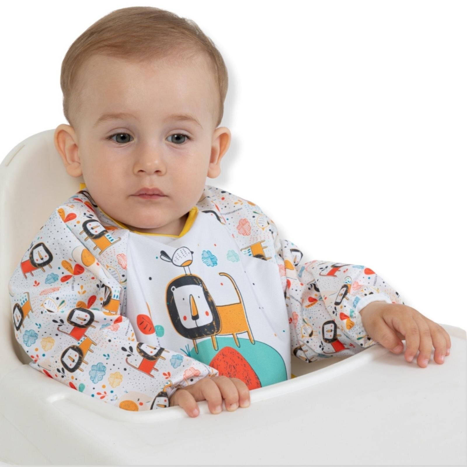 Sıvı Geçirmez Uzun Kollu Mama Ve Aktivite Önlüğü - Bebek Aslan ve Fil Desenli