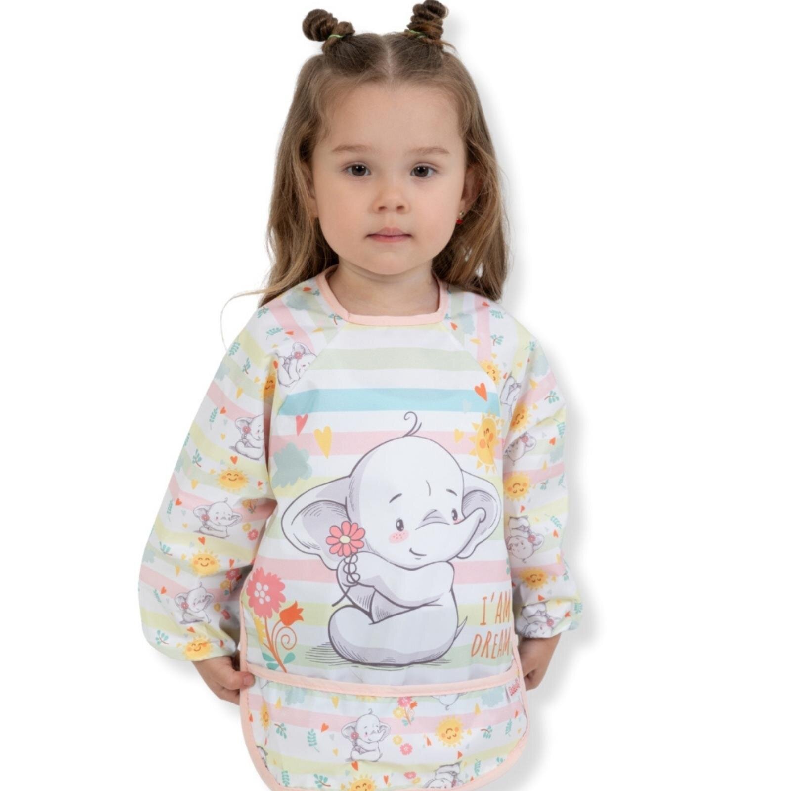 Sıvı Geçirmez Uzun Kollu Cepli Mama Ve Aktivite Önlüğü - Sevimli Fil 