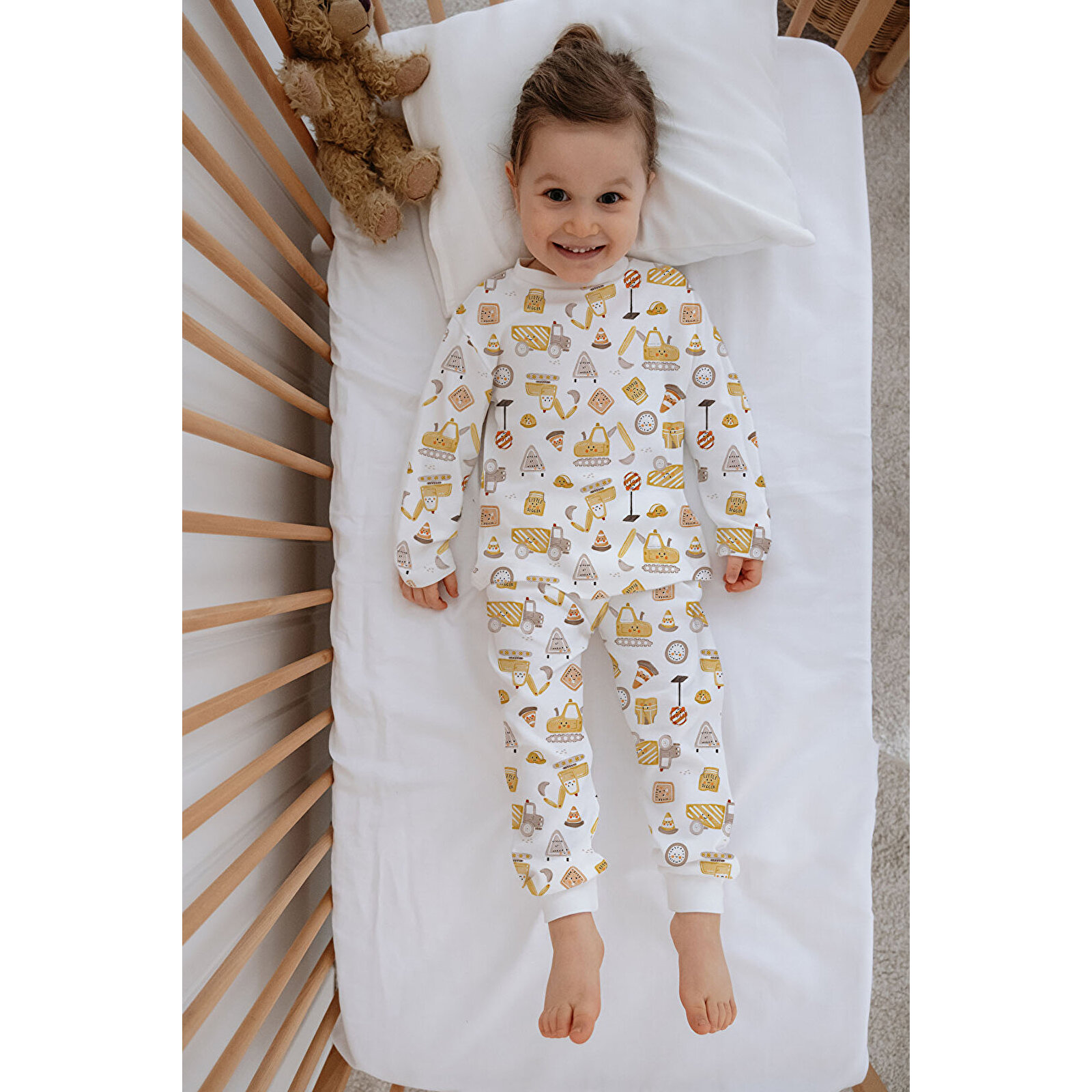 Erkek Bebek Çocuk Pijama Takımı Uzun Kollu Üst ve Alt Takım - Sevimli İş Makineleri