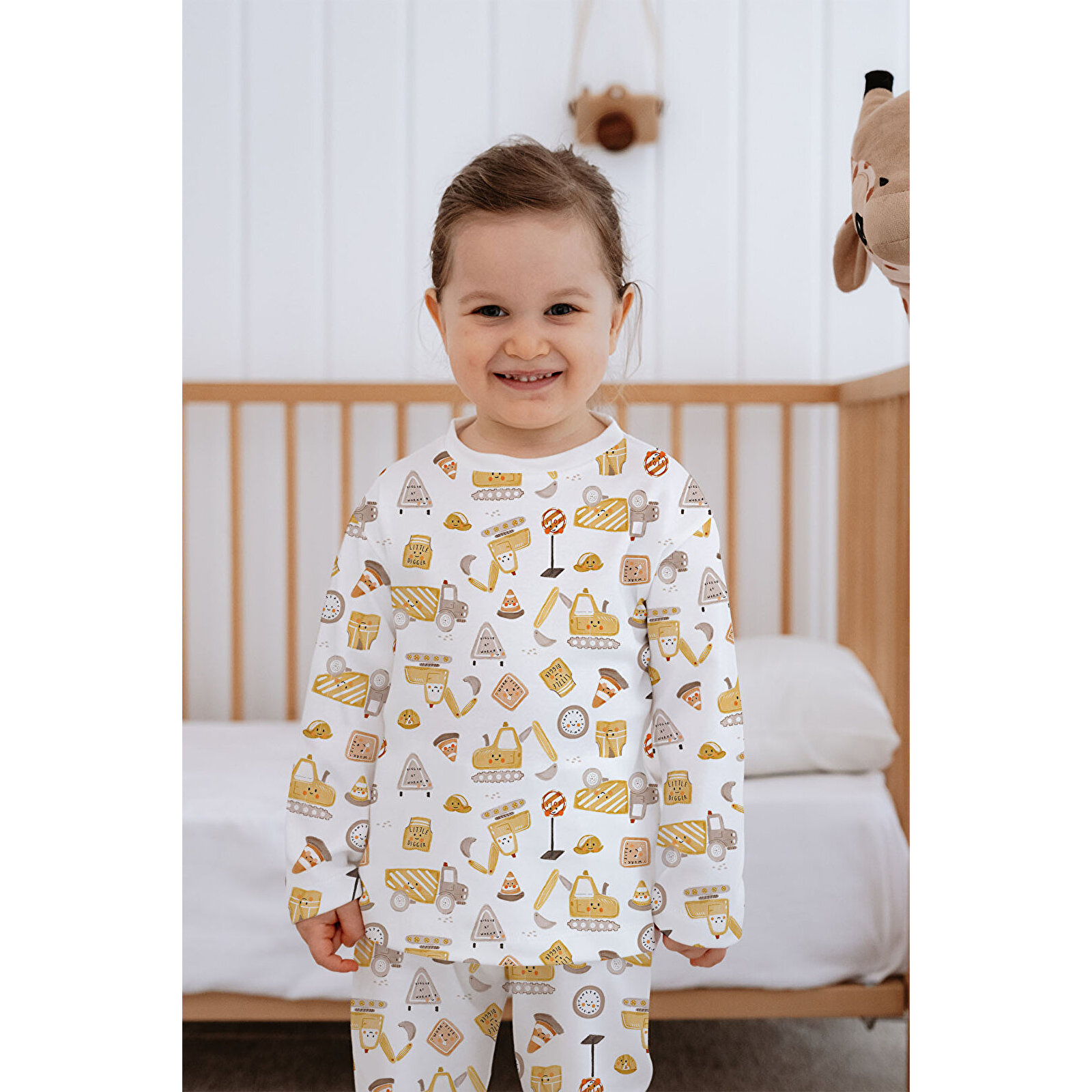 Erkek Bebek Çocuk Pijama Takımı Uzun Kollu Üst ve Alt Takım - Sevimli İş Makineleri