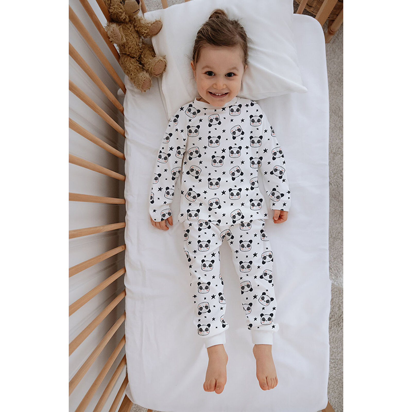 Kız Bebek Çocuk Pijama Takımı Uzun Kollu Üst ve Alt Takım - Sevimli Panda