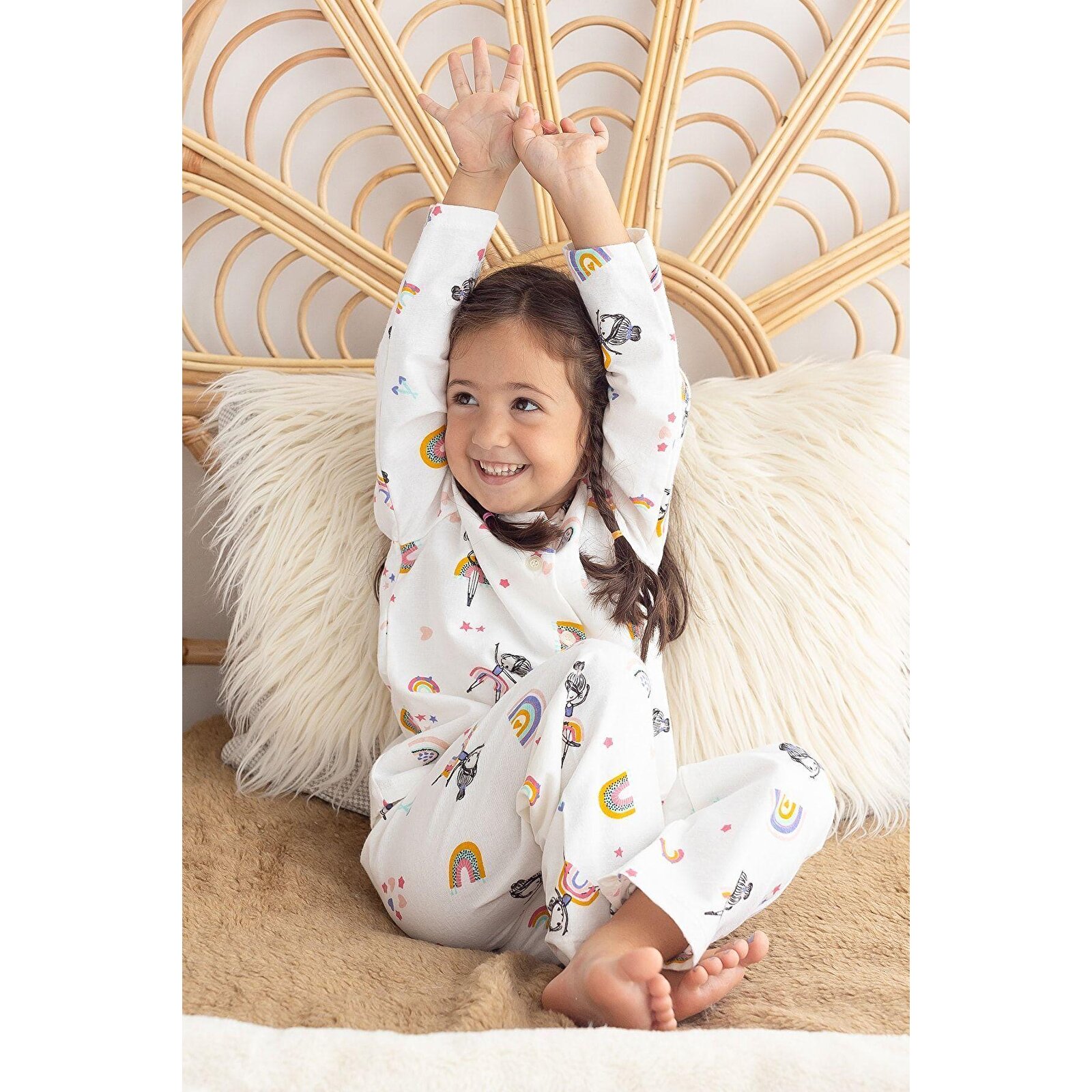 %100 Pamuk Pazen Kız Çocuk Pijama Takımı