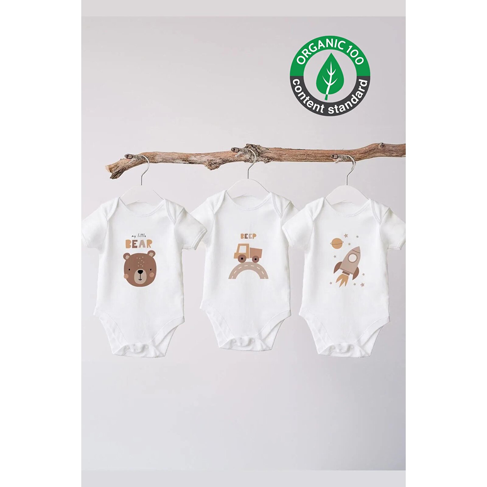 %100 Organik Pamuk 3lü Baskılı Kısa Kollu Bebek Body Ayıcık