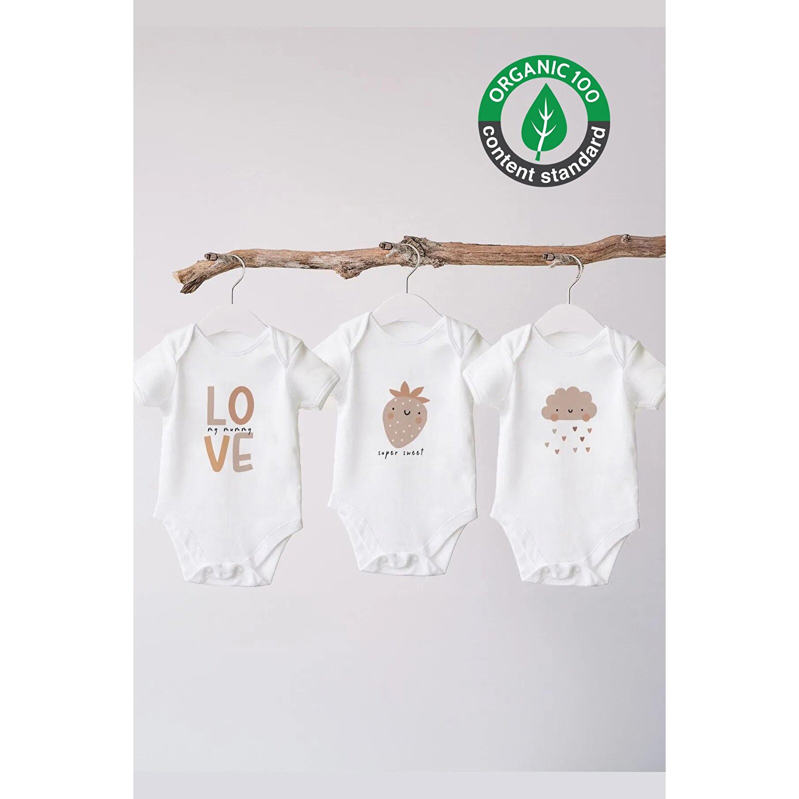 %100 Organik Pamuk 3lü Baskılı Kısa Kollu Bebek Body Love