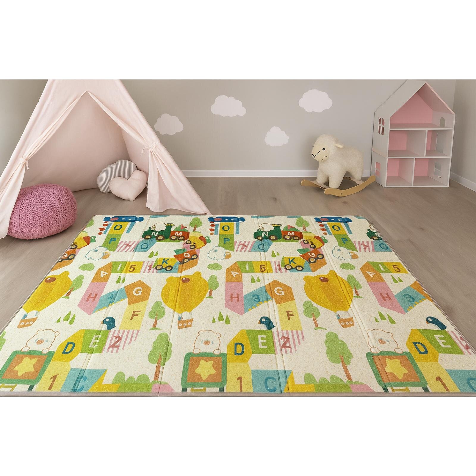 Katlanabilir Çift Taraflı Oyun Matı - Çantalı, Kaymaz, Su Geçirmez, Harf Yolu & Ağaç Desenli