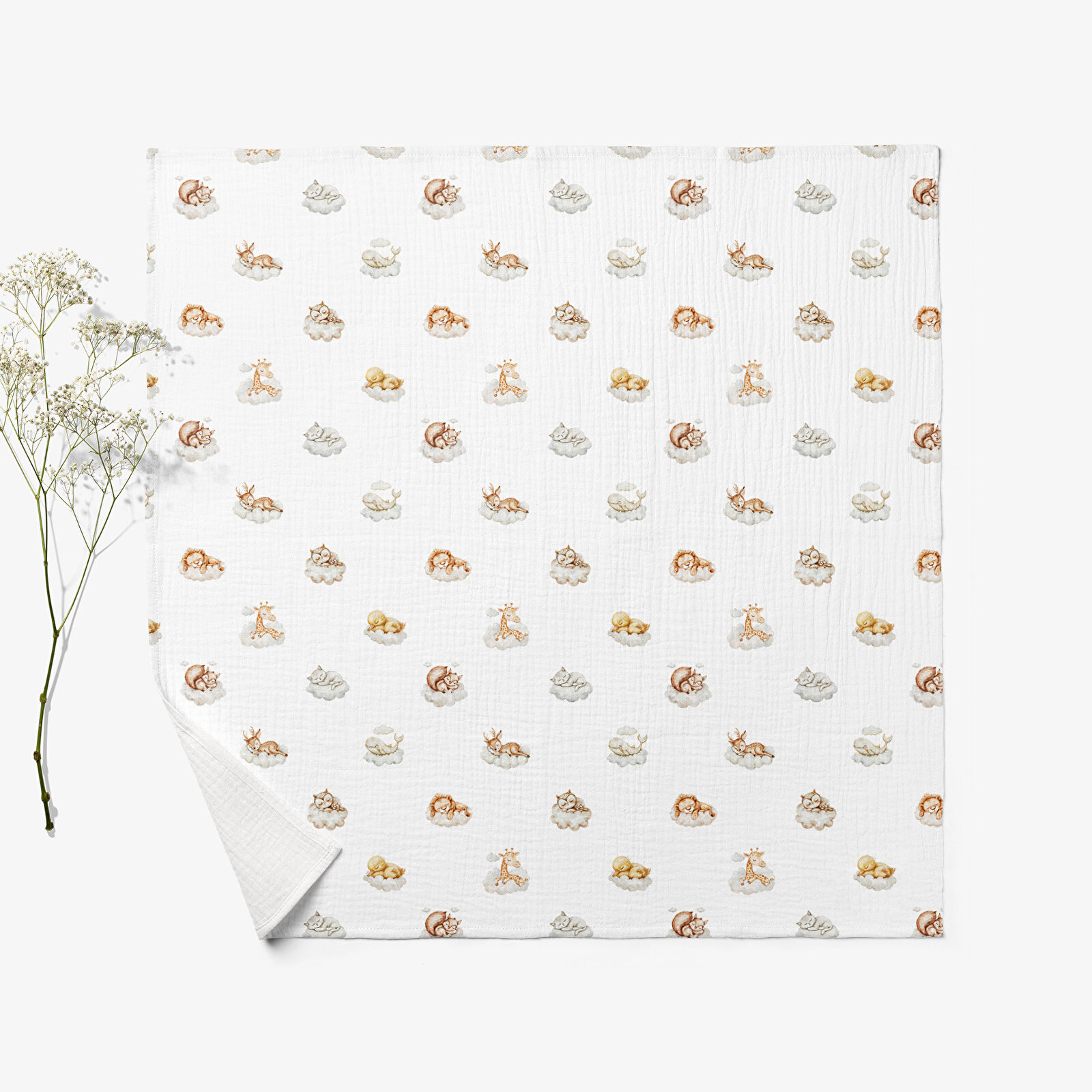 4 Katlı Müslin Örtü - Uykucular Desenli Bebek Müslin Battaniyesi - Dört Katlı Müslin 100x110 Cm