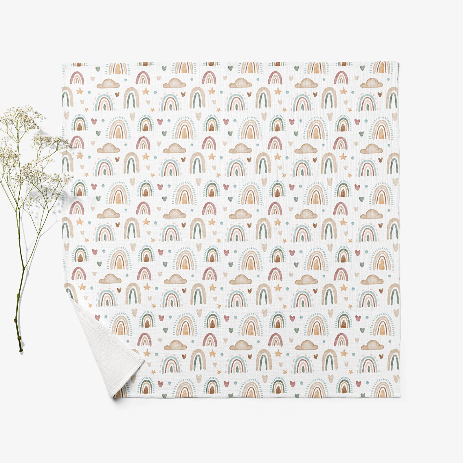 4 Katlı Müslin Örtü - Gökkuşağı Desenli Bebek Müslin Battaniyesi - Dört Katlı Müslin 100x110 Cm