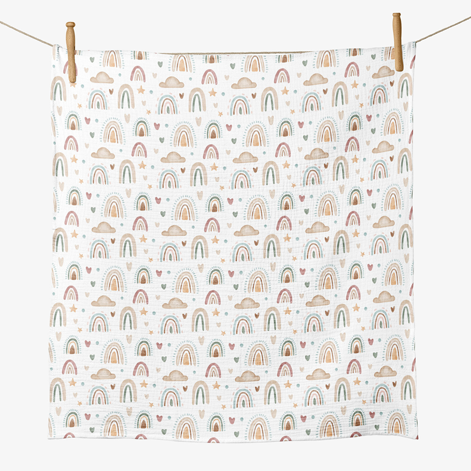 4 Katlı Müslin Örtü - Gökkuşağı Desenli Bebek Müslin Battaniyesi - Dört Katlı Müslin 100x110 Cm