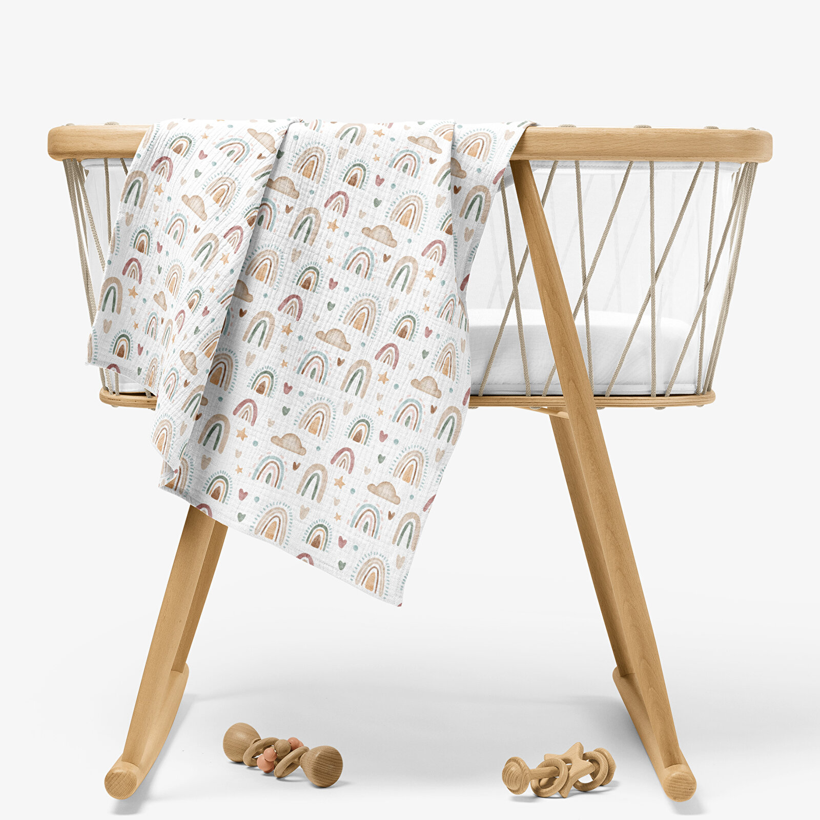 4 Katlı Müslin Örtü - Gökkuşağı Desenli Bebek Müslin Battaniyesi - Dört Katlı Müslin 100x110 Cm
