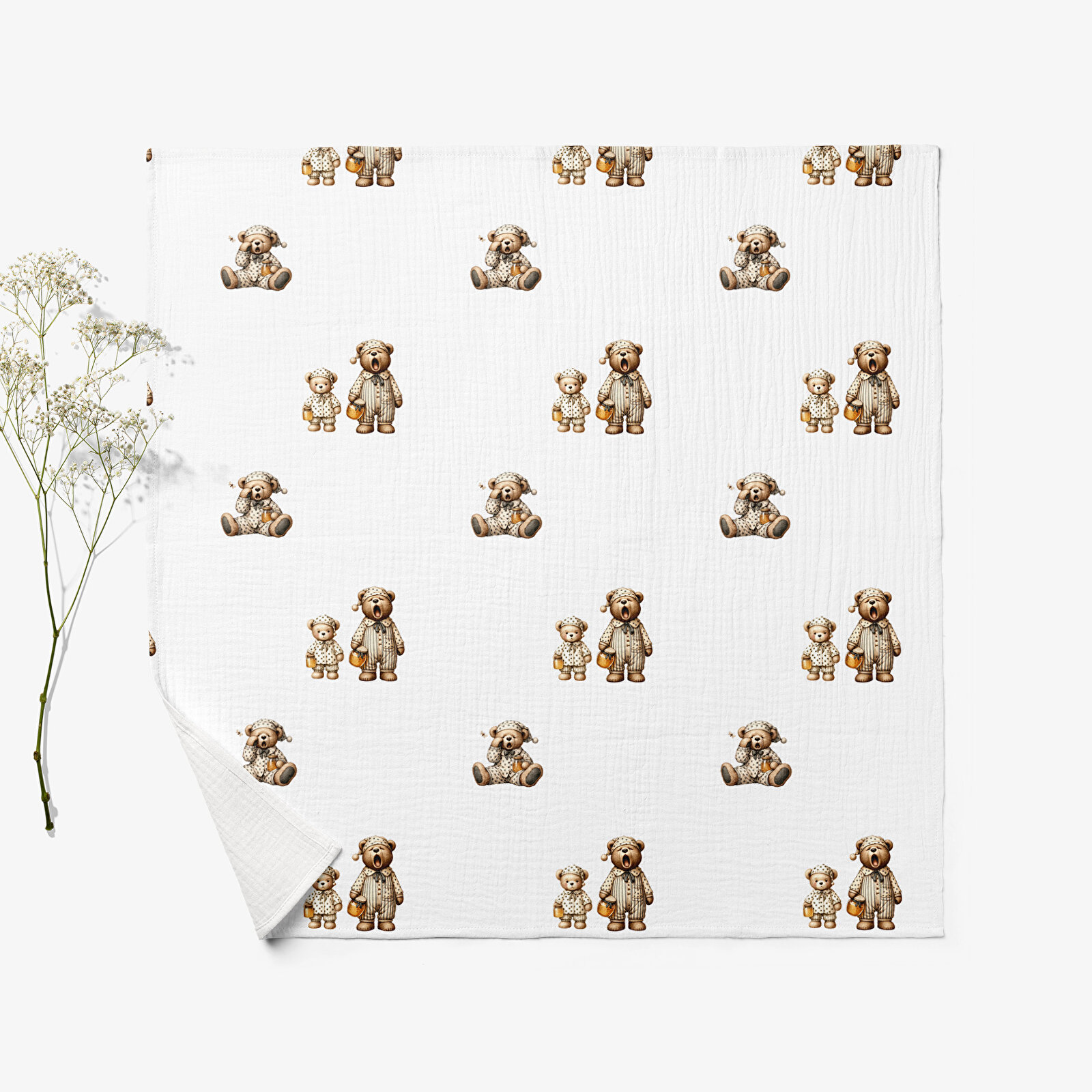 4 Katlı Müslin Örtü - Pijamalı Ayıcık Bebek Müslin Battaniyesi Dört Katlı Müslin 100x110 cm