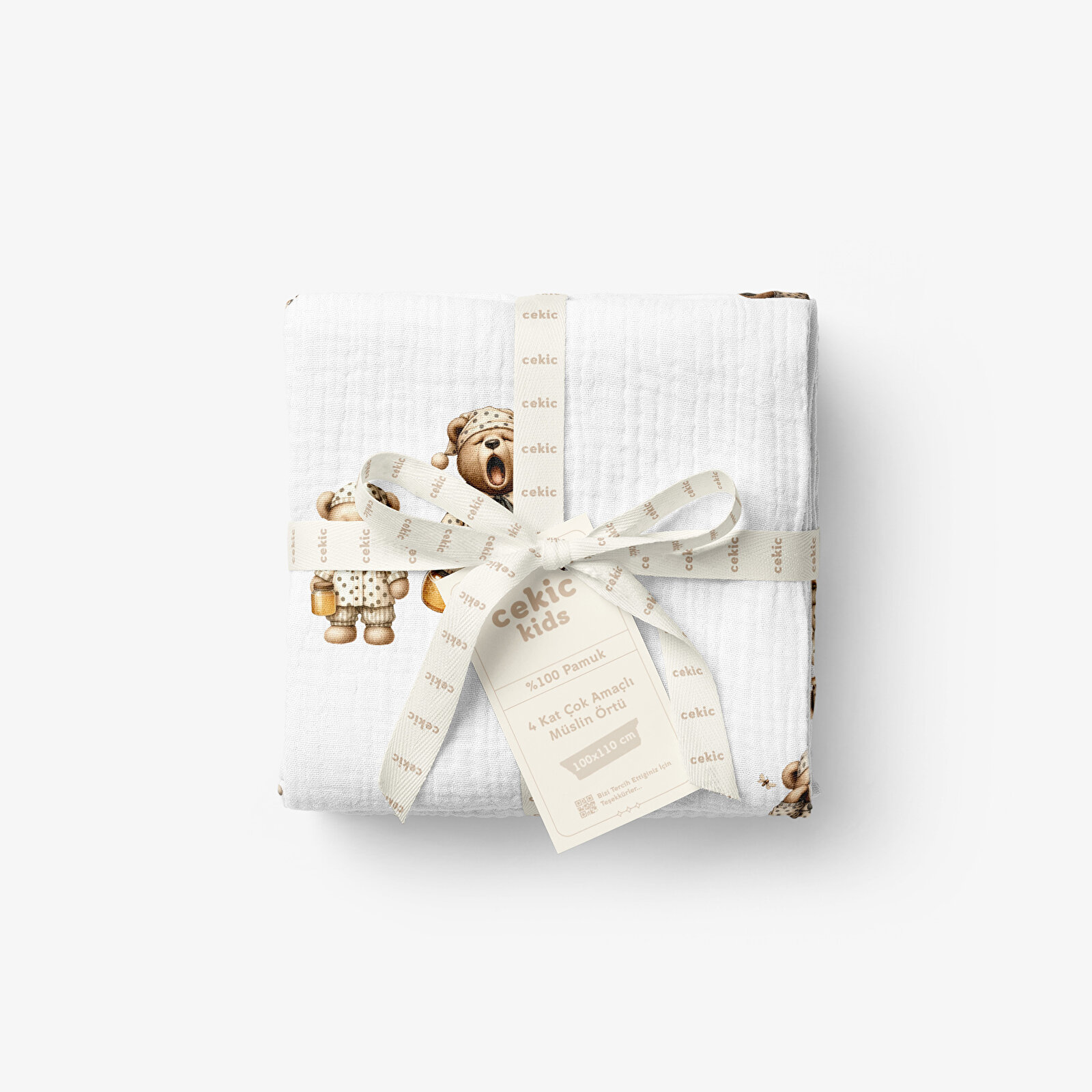 4 Katlı Müslin Örtü - Pijamalı Ayıcık Bebek Müslin Battaniyesi Dört Katlı Müslin 100x110 cm