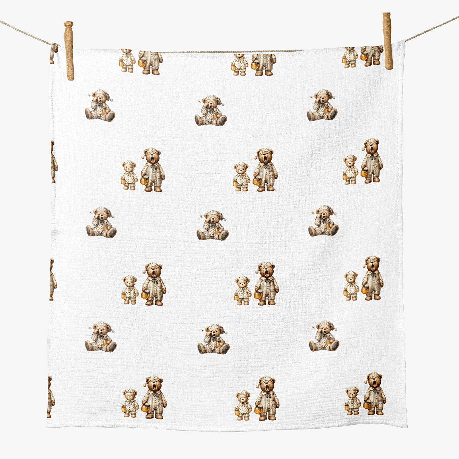 4 Katlı Müslin Örtü - Pijamalı Ayıcık Bebek Müslin Battaniyesi Dört Katlı Müslin 100x110 cm