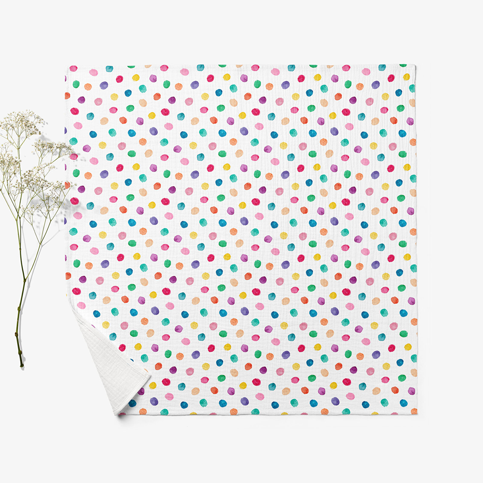 4 Katlı Müslin Örtü - Renkli Puantiye Bebek Müslin Battaniyesi - Dört Katlı Müslin 100x110 Cm