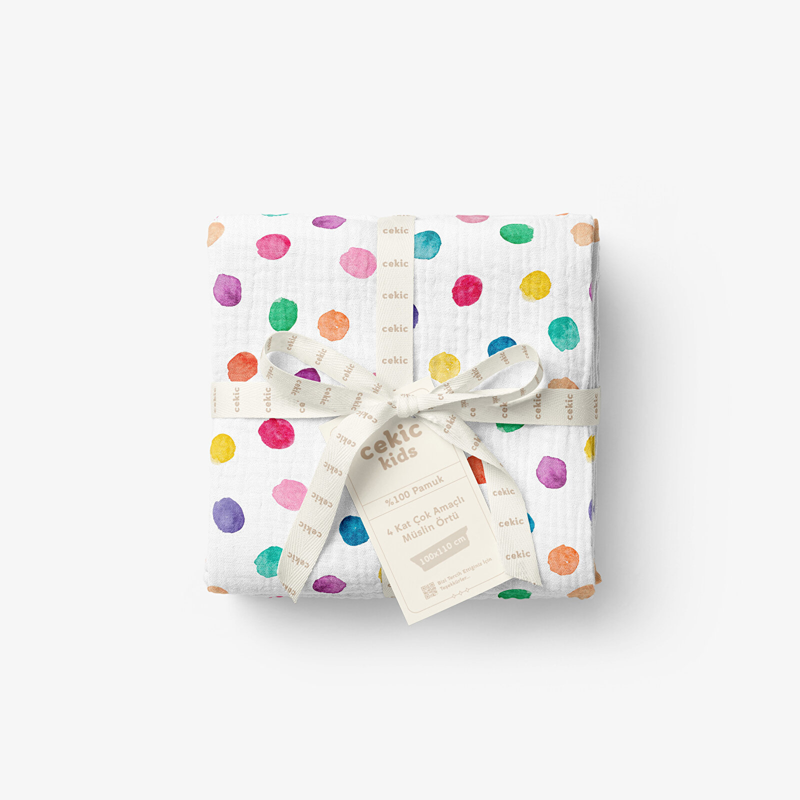 4 Katlı Müslin Örtü - Renkli Puantiye Bebek Müslin Battaniyesi - Dört Katlı Müslin 100x110 Cm