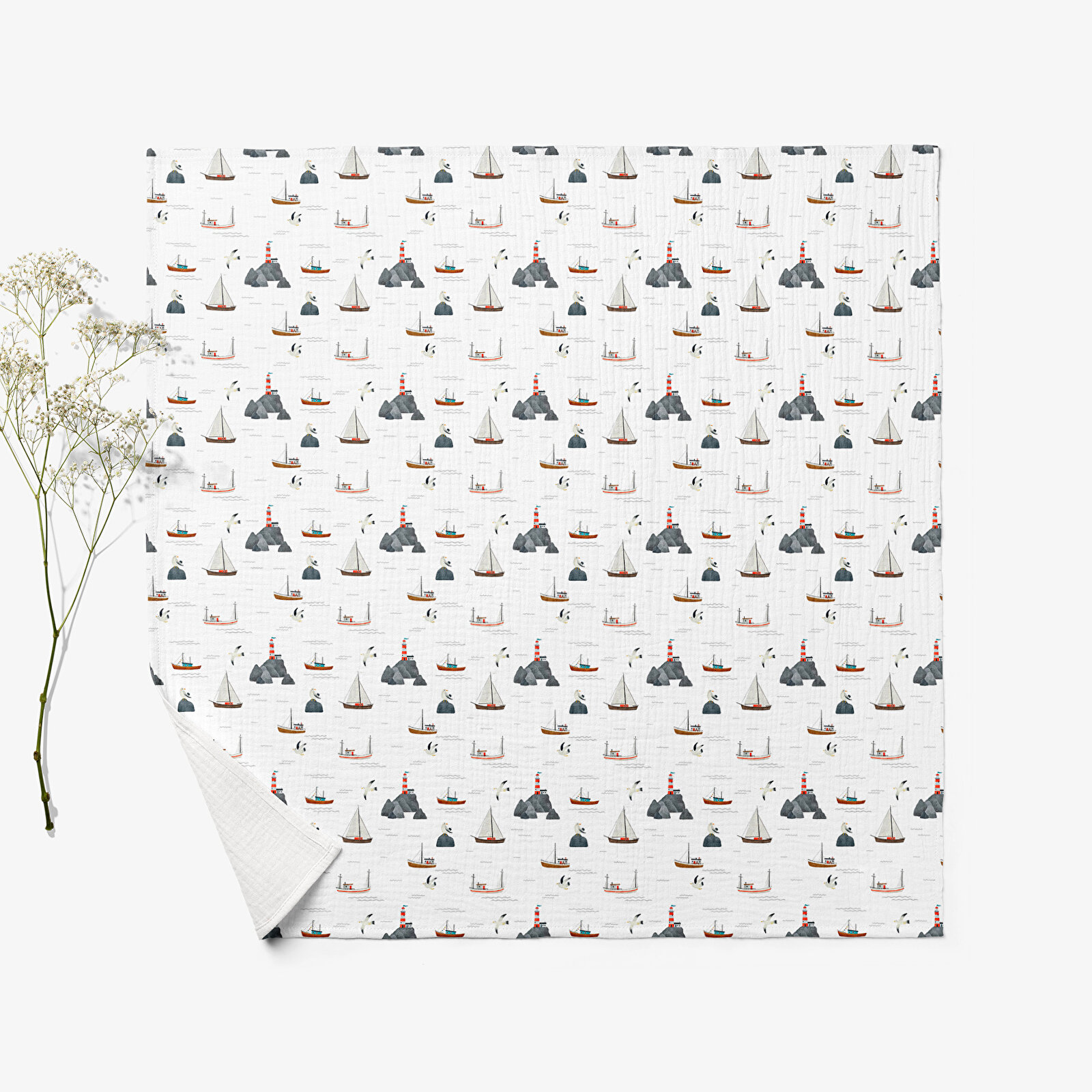 4 Katlı Müslin Örtü - Yelken Desenli Bebek Müslin Battaniyesi - Dört Katlı Müslin 100x110 Cm Beyaz