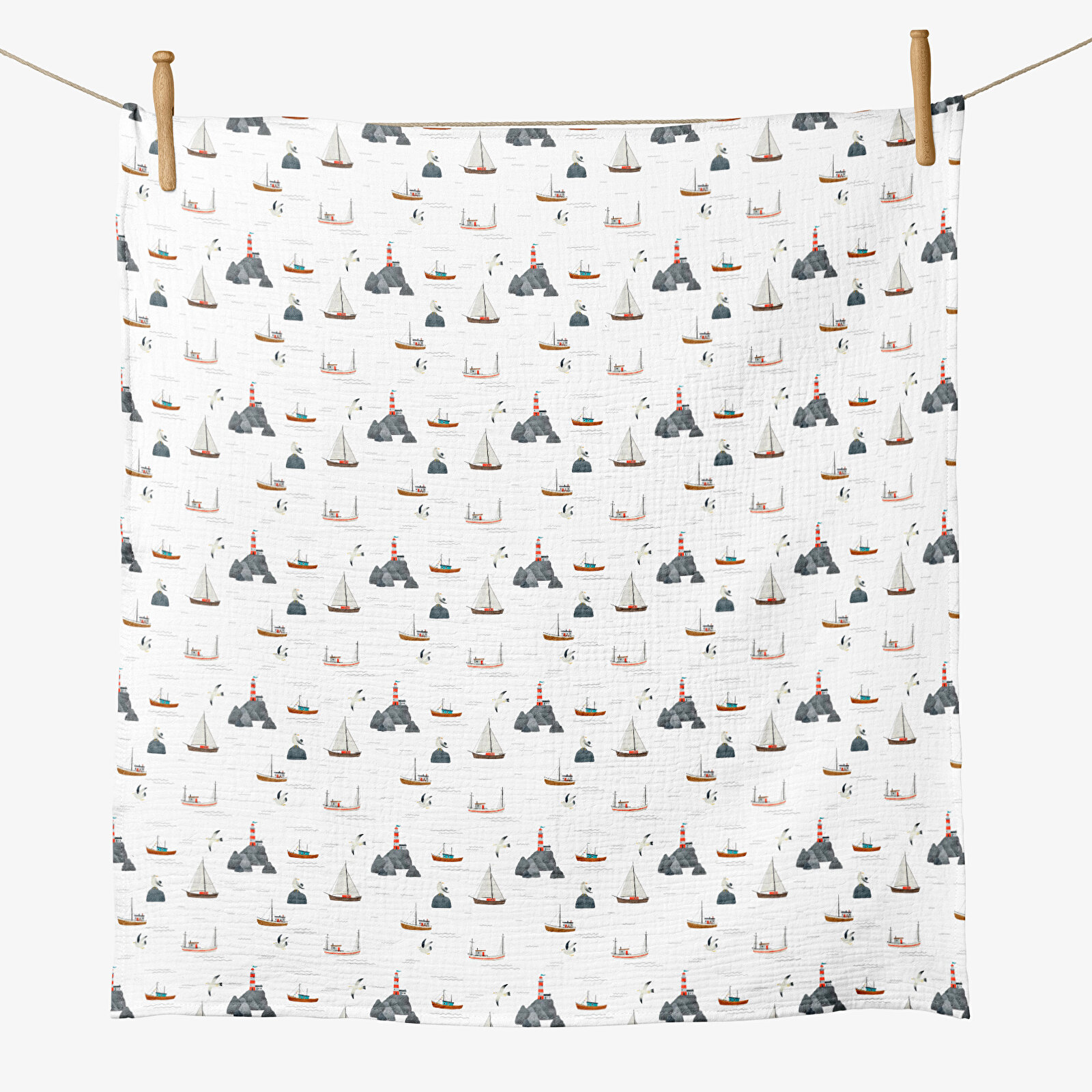 4 Katlı Müslin Örtü - Yelken Desenli Bebek Müslin Battaniyesi - Dört Katlı Müslin 100x110 Cm Beyaz