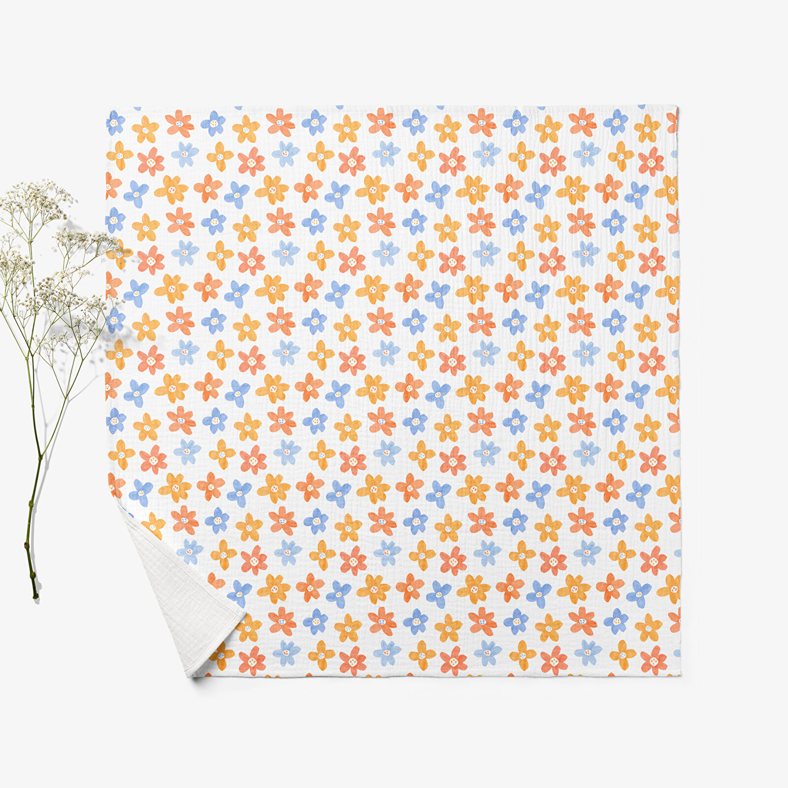 4 Katlı Müslin Örtü - Çiçek Desenli Bebek Müslin Battaniyesi - Dört Katlı Müslin 100x110 Cm