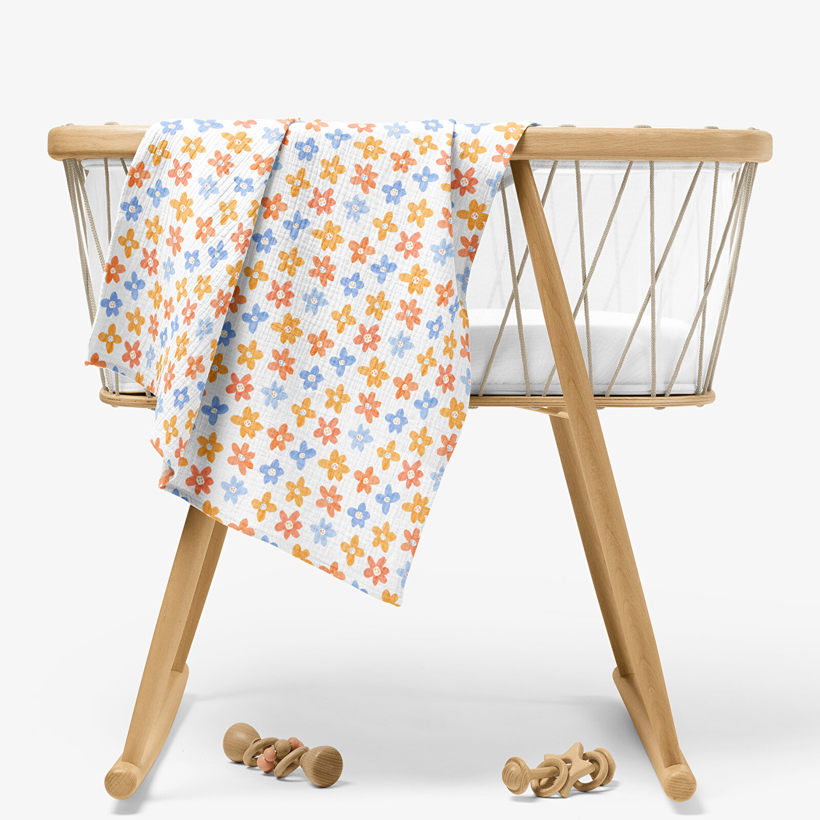 4 Katlı Müslin Örtü - Çiçek Desenli Bebek Müslin Battaniyesi - Dört Katlı Müslin 100x110 Cm