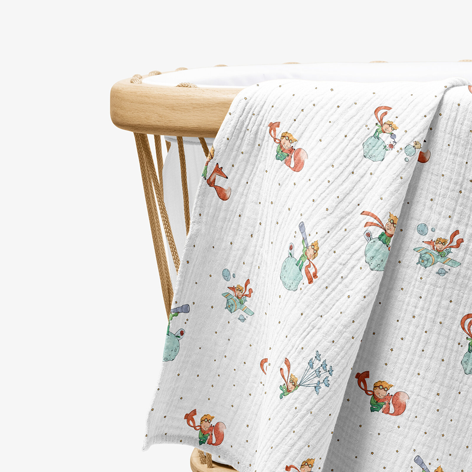 4 Katlı Müslin Örtü - Küçük Prens Desenli - Bebek Battaniyesi - Dört Katlı Müslin 100x110 Cm