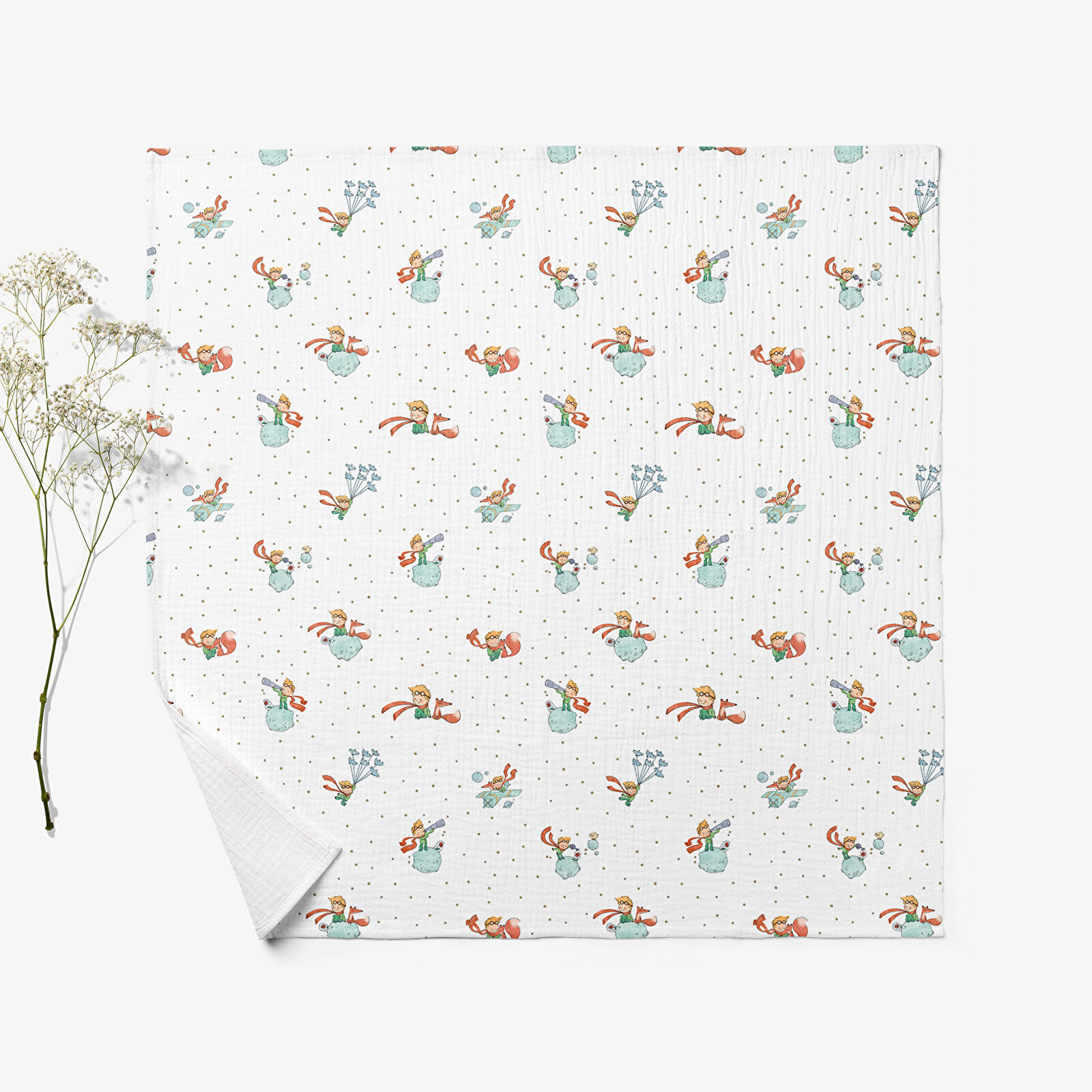 4 Katlı Müslin Örtü - Küçük Prens Desenli - Bebek Battaniyesi - Dört Katlı Müslin 100x110 Cm