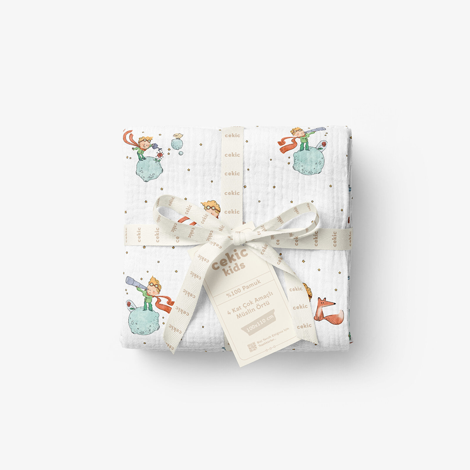 4 Katlı Müslin Örtü - Küçük Prens Desenli - Bebek Battaniyesi - Dört Katlı Müslin 100x110 Cm