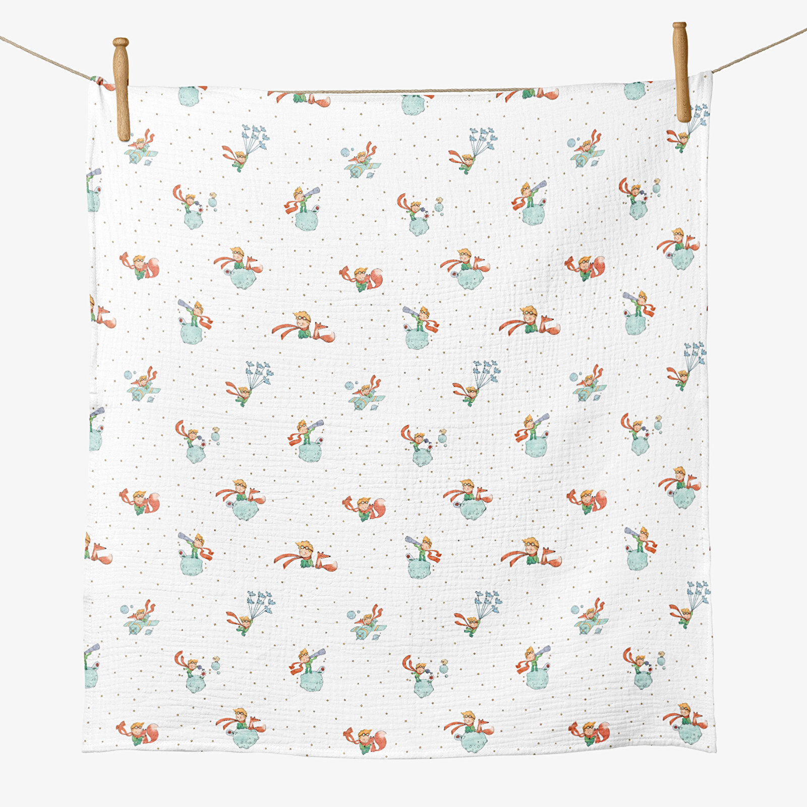 4 Katlı Müslin Örtü - Küçük Prens Desenli - Bebek Battaniyesi - Dört Katlı Müslin 100x110 Cm