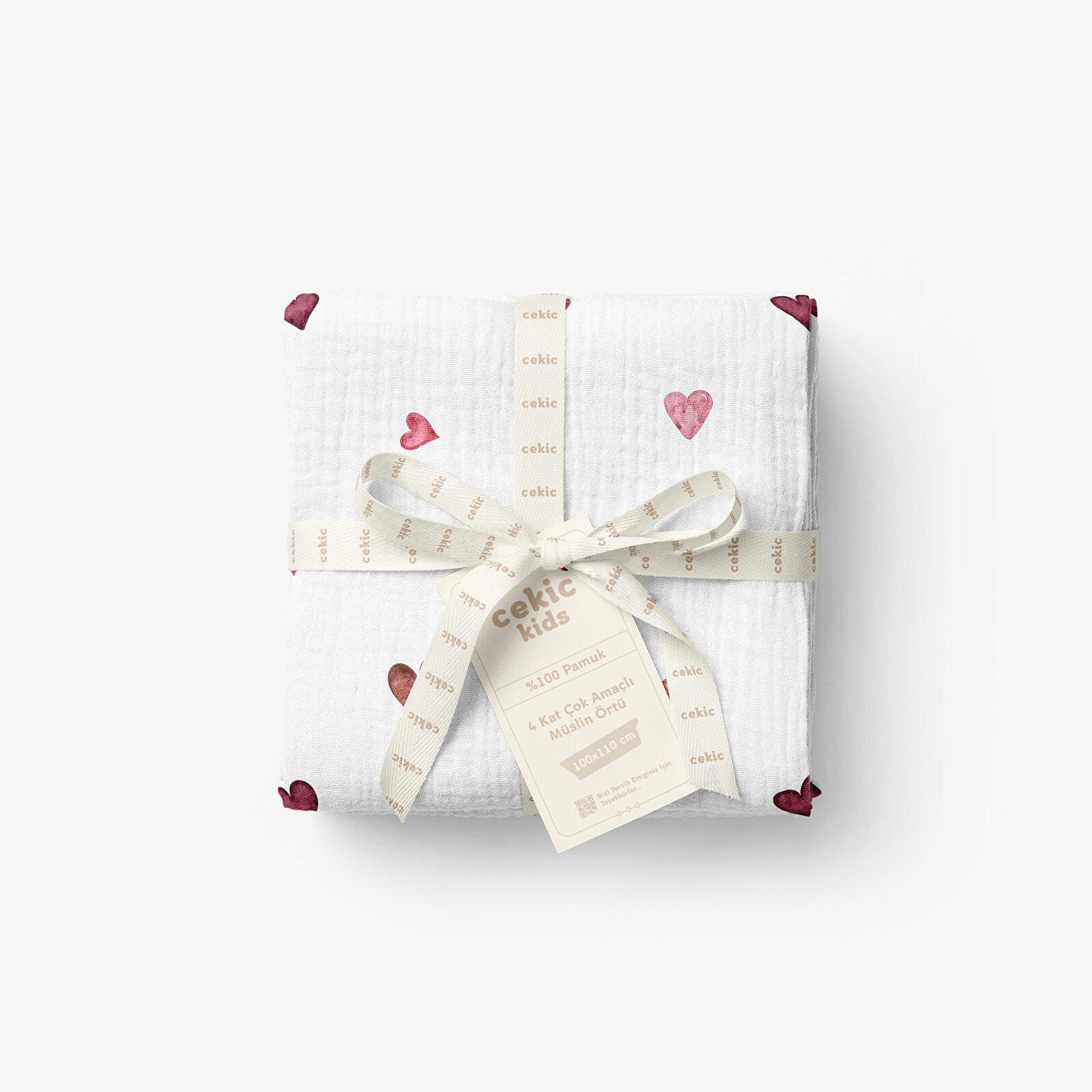 4 Katlı Müslin Örtü - Kırmızı Kalp Desenli Bebek Battaniyesi - Dört Katlı Müslin 100x110 Cm