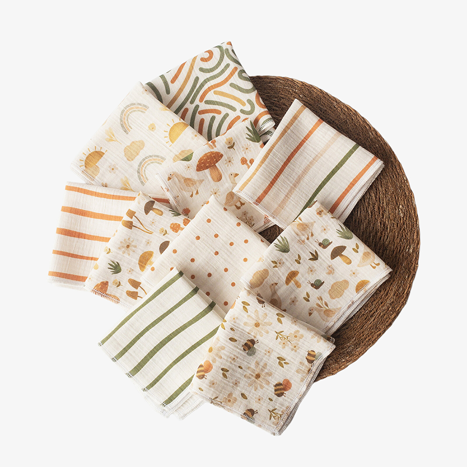 10'lu Desenli Müslin Bebek Ağız Mendili %100 Pamuk 10'lu Desenli Müslin Bebek Ağız Mendili %100 Pamuk