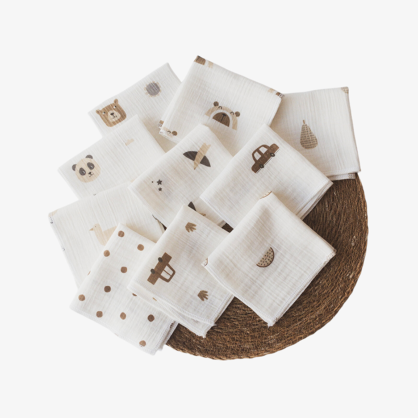 10'lu Desenli Müslin Bebek Ağız Mendili %100 Pamuk 25x25 Cm 10'lu Desenli Müslin Bebek Ağız Mendili %100 Pamuk 25x25 Cm