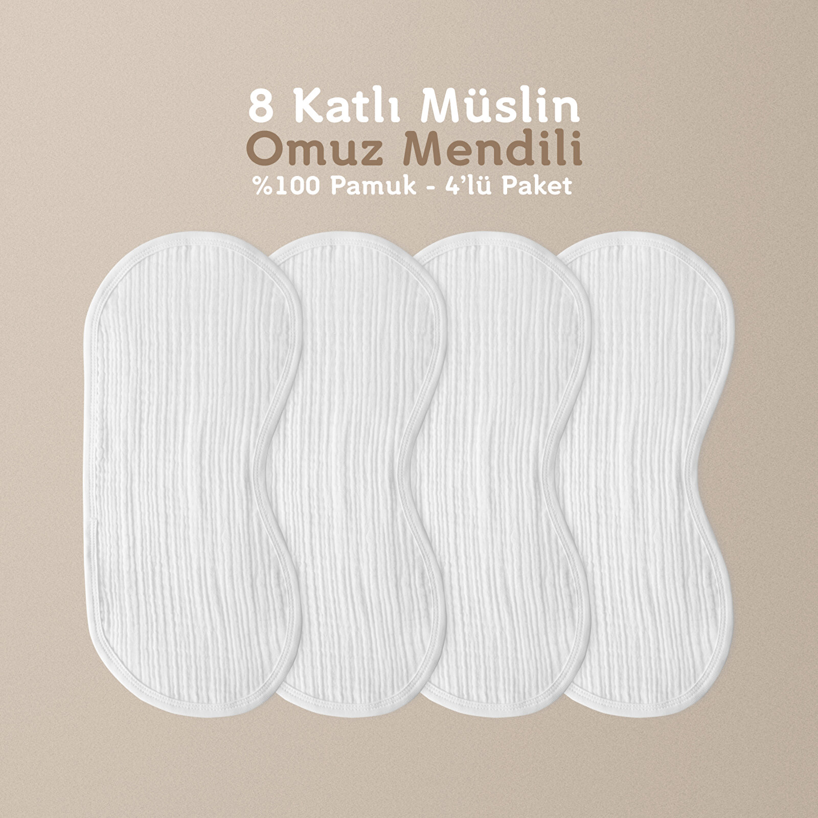 8 Katlı Müslin Bebek Omuz Mendili - %100 Pamuk - 4'lü Paket - Omuz Örtüsü -Ekru Renk