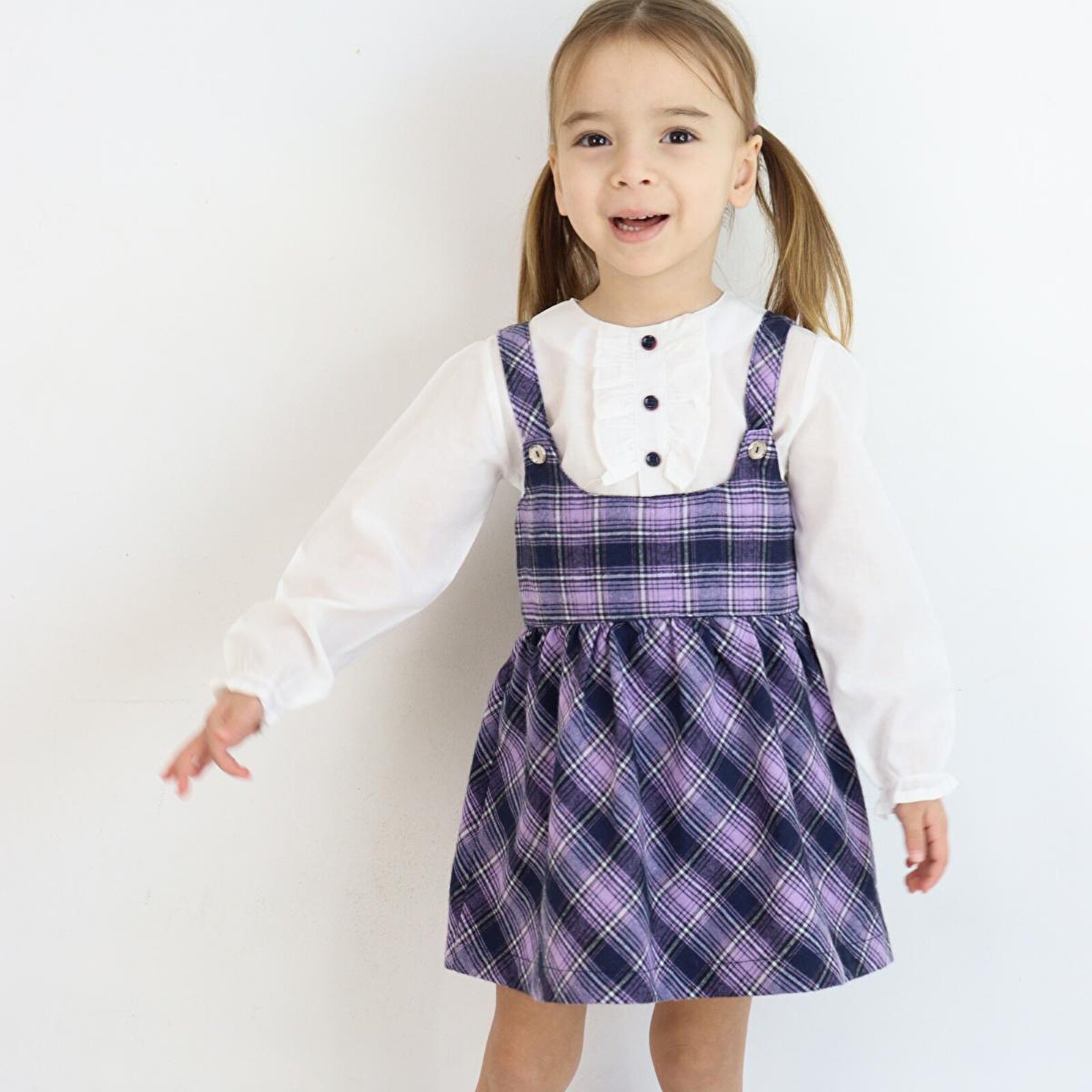 Kız Bebek Bisiklet Yaka Uzun Kollu Gömlek ve Askılı Elbise