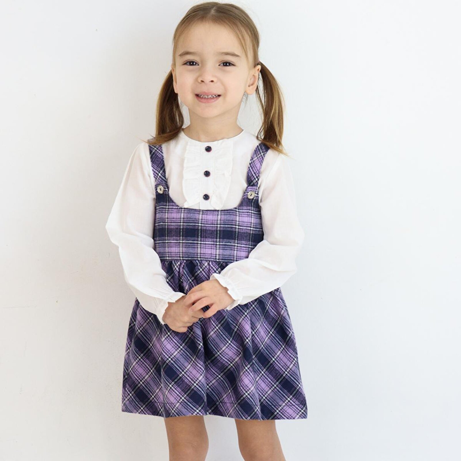 Kız Bebek Bisiklet Yaka Uzun Kollu Gömlek ve Askılı Elbise