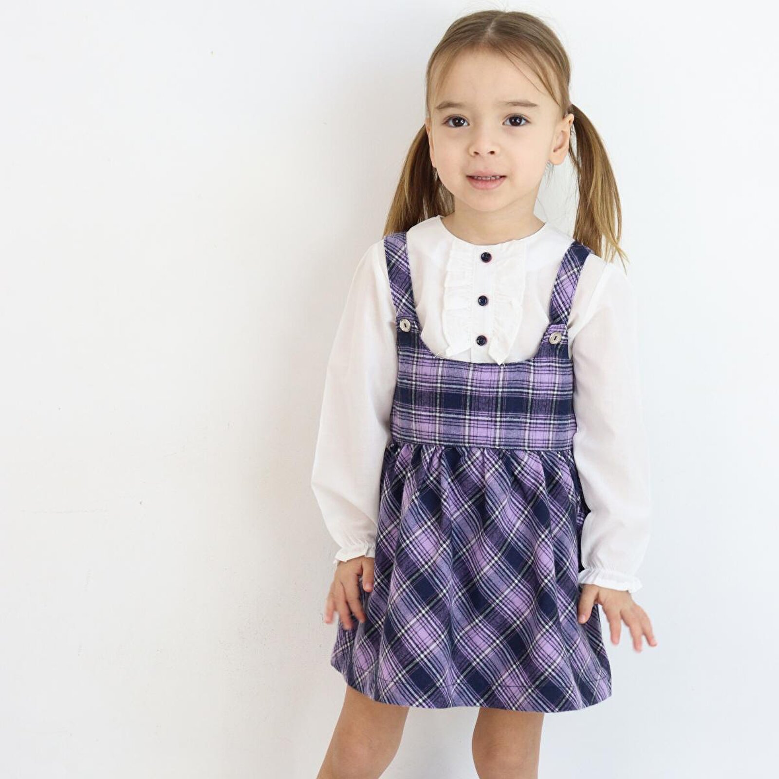 Kız Bebek Bisiklet Yaka Uzun Kollu Gömlek ve Askılı Elbise