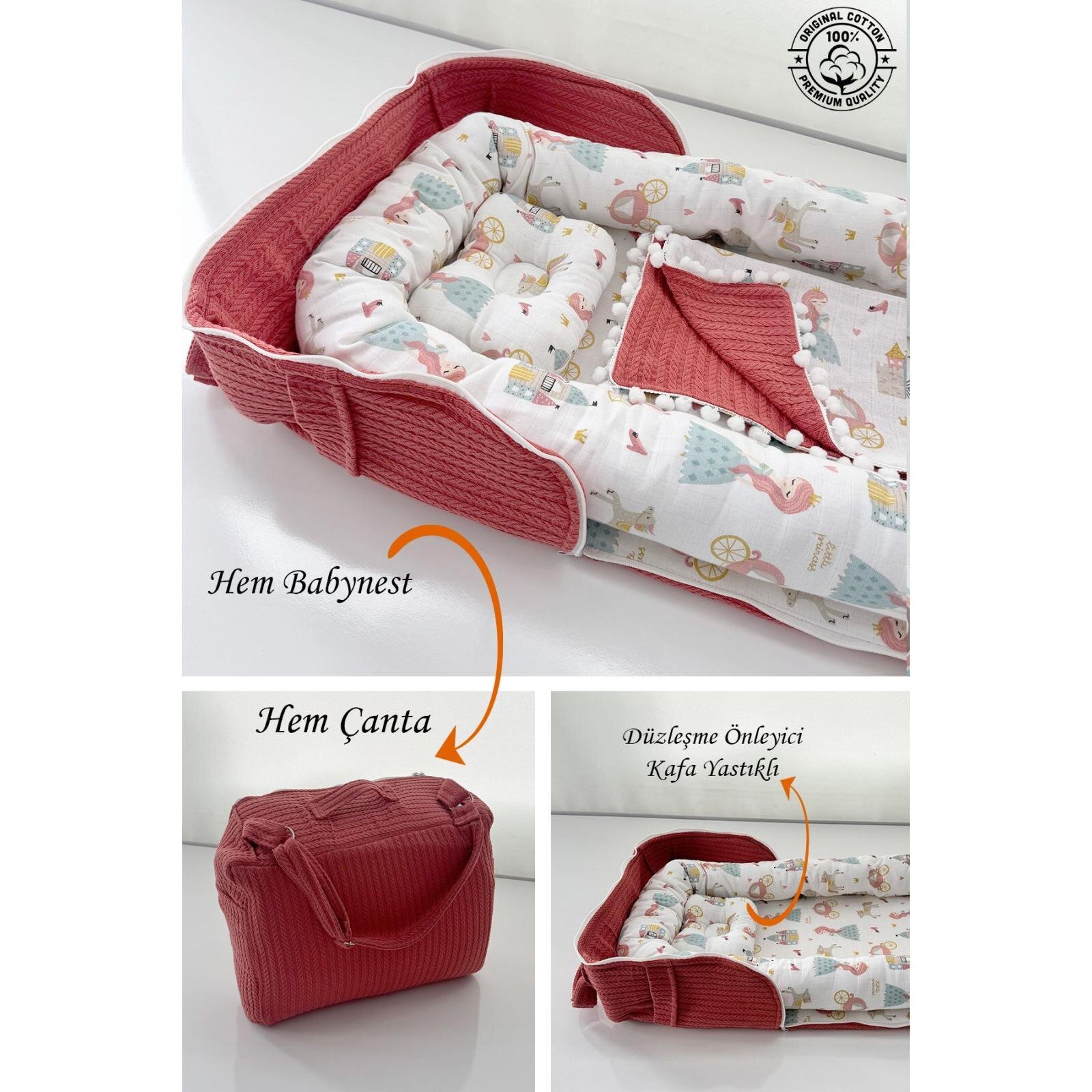 3'lü Set Çantalı Babynest Taşınabilir Anne Yanı Müslin Prenses Pike Battaniye Babynest