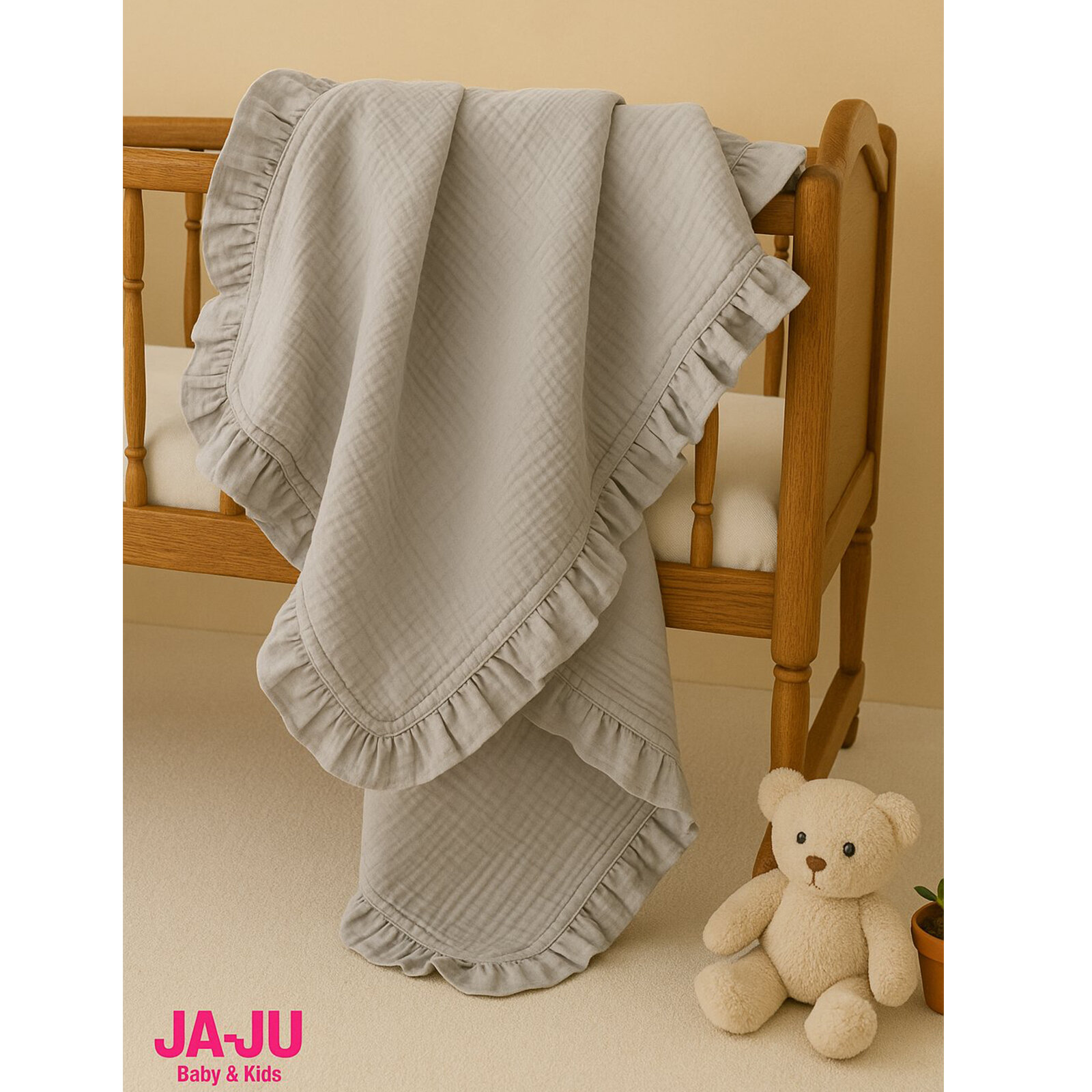 Jaju Baby 110×110 cm 4 Katlı Gri Müslin Bebek Battaniyesi – %100 Pamuk, Çok Amaçlı