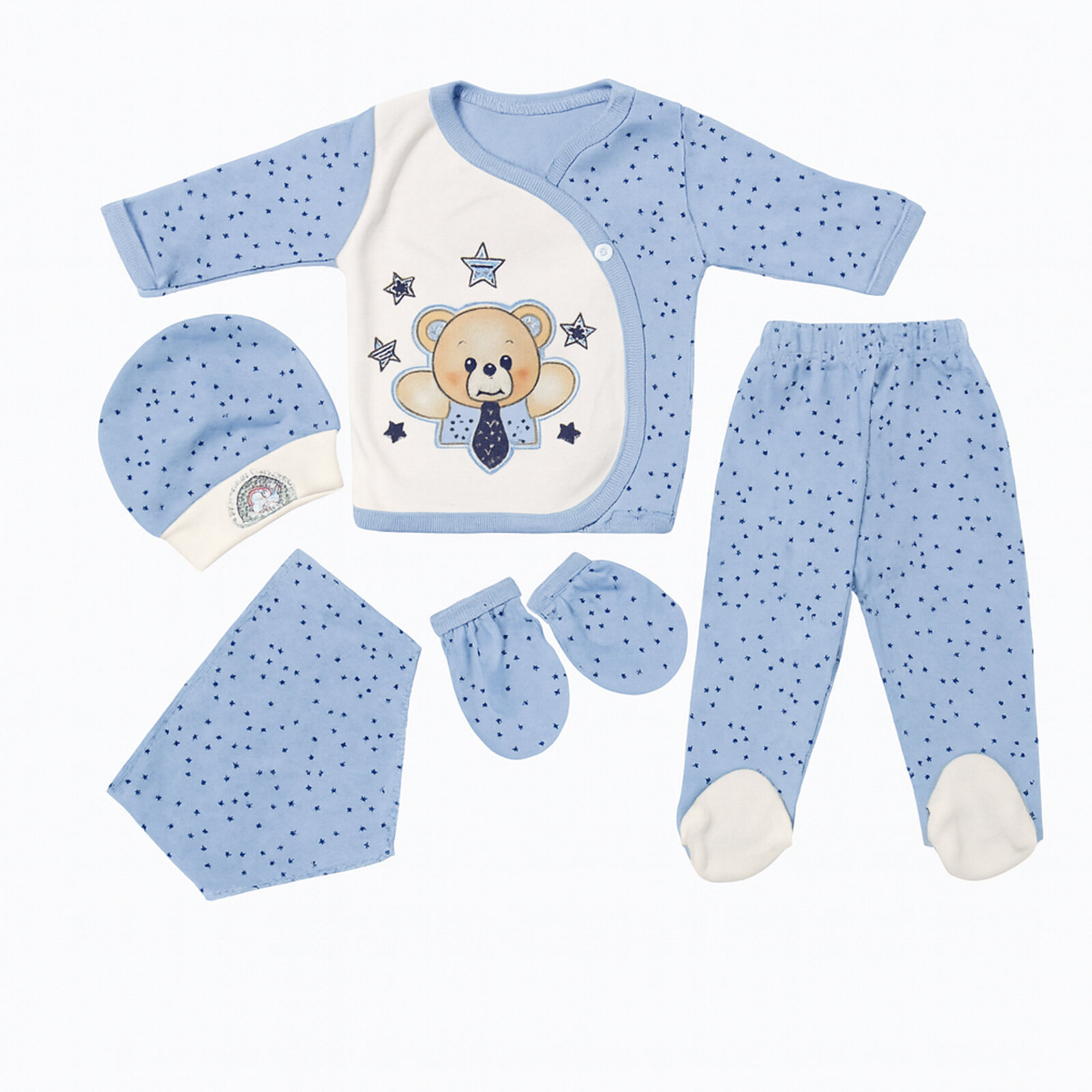 5'li Yenidoğan Hastane Çıkışı – Mavi Ayıcık Nakışlı %100 Pamuk Set