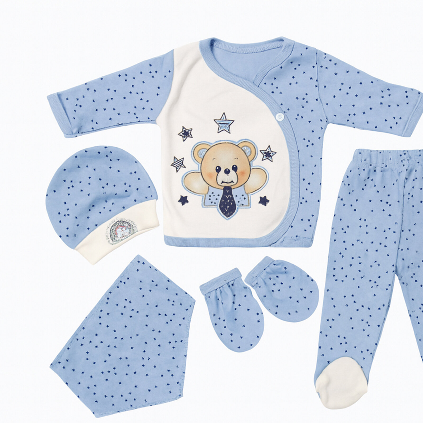 5'li Yenidoğan Hastane Çıkışı – Mavi Ayıcık Nakışlı %100 Pamuk Set