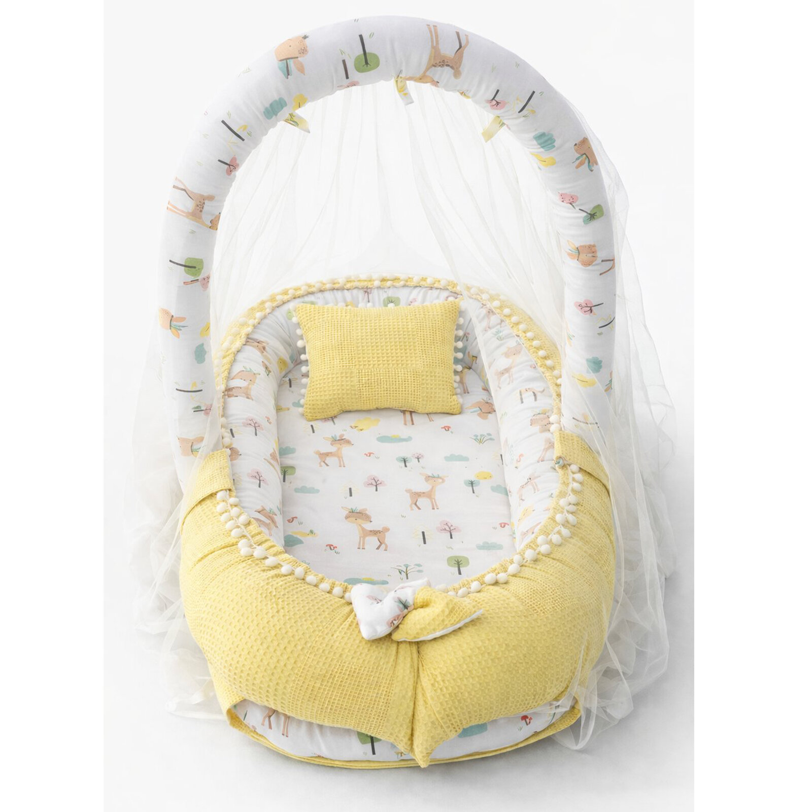 Sarı Waffle Pike Kumaş Ceylan Tasarım Ponponlu Babynest Oyuncak Aparat - Cibinlik Tüllü Yatak