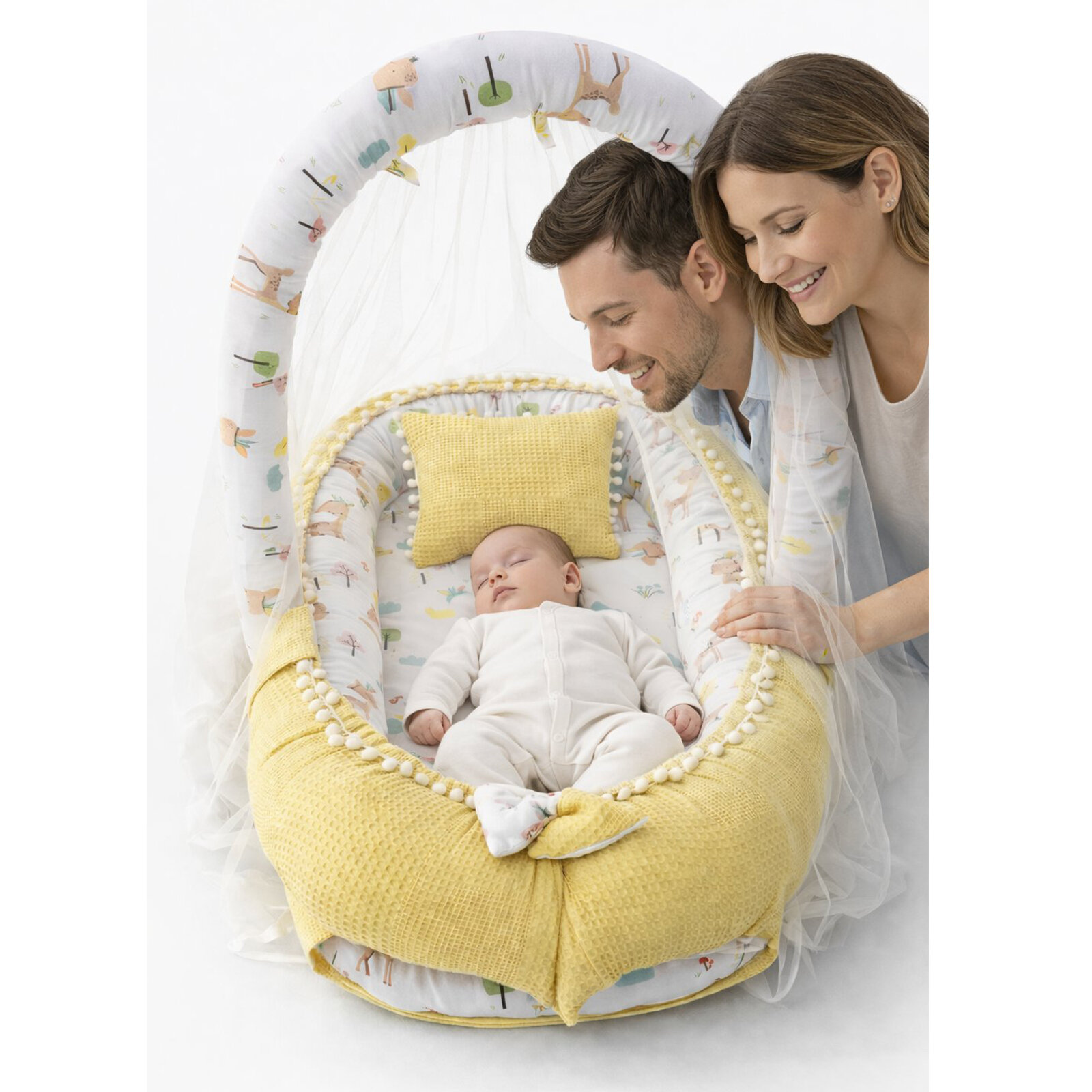 Sarı Waffle Pike Kumaş Ceylan Tasarım Ponponlu Babynest Oyuncak Aparat - Cibinlik Tüllü Yatak