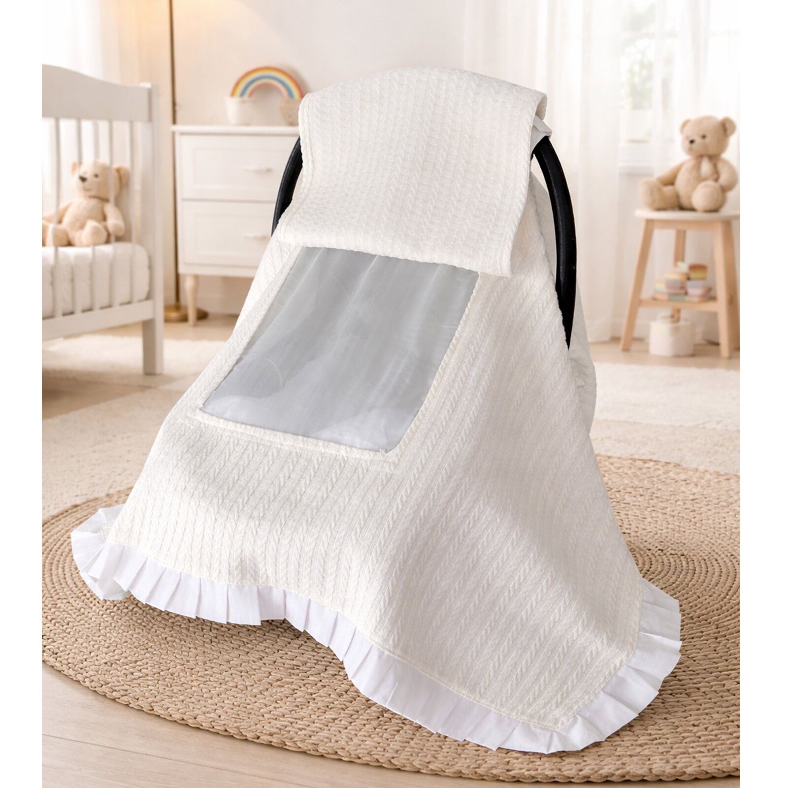 Pencereli Puset Örtüsü – Nefes Alan Tüllü, Fırfırlı Tasarım (Beyaz) Pencereli Puset Örtüsü – Nefes Alan Tüllü, Fırfırlı Tasarım (Beyaz)