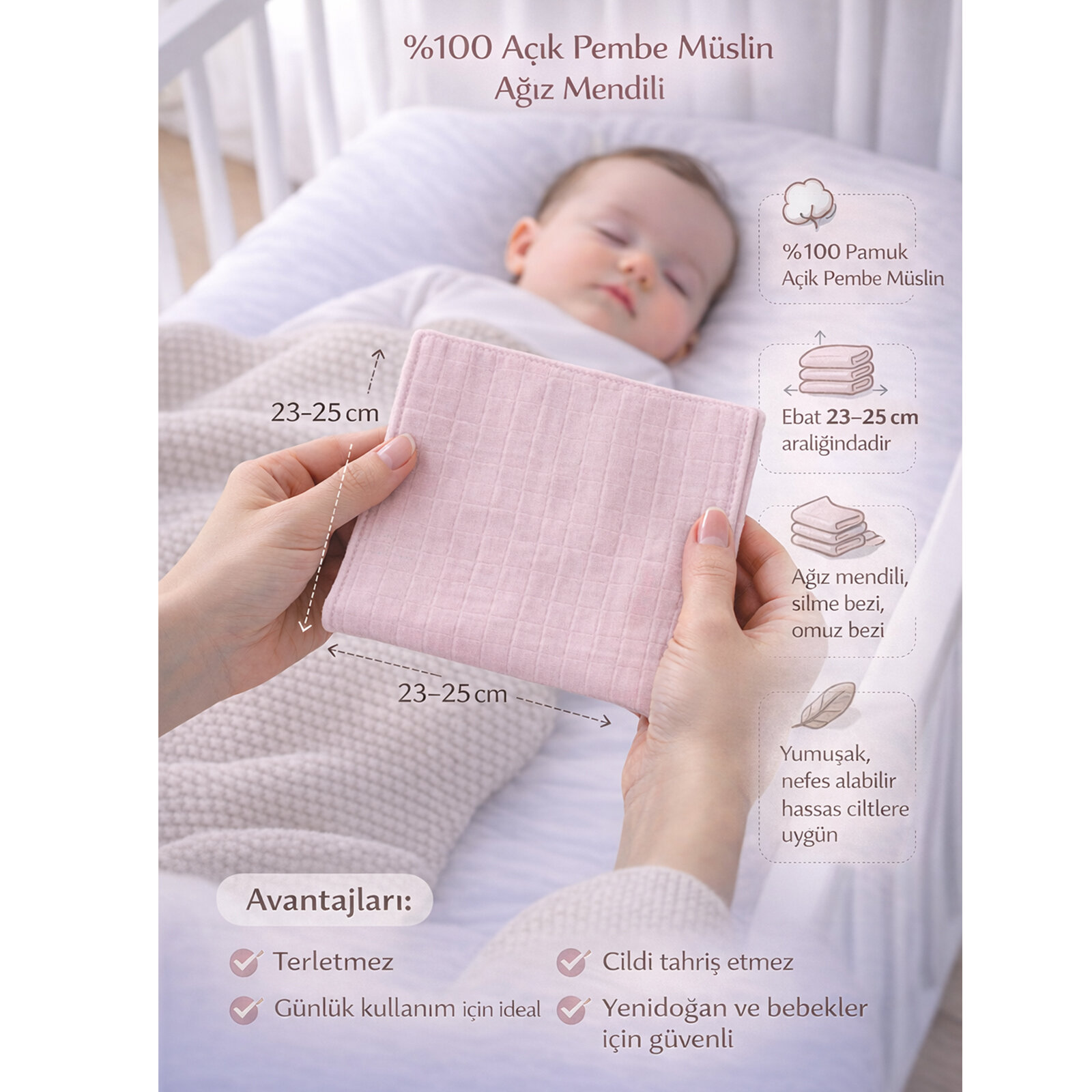 %100 Pamuk Pembe Müslin Ağız Mendili Sırt Mendili 23–25 cm | Yumuşak, Nefes Alabilir & Çok Amaçlı