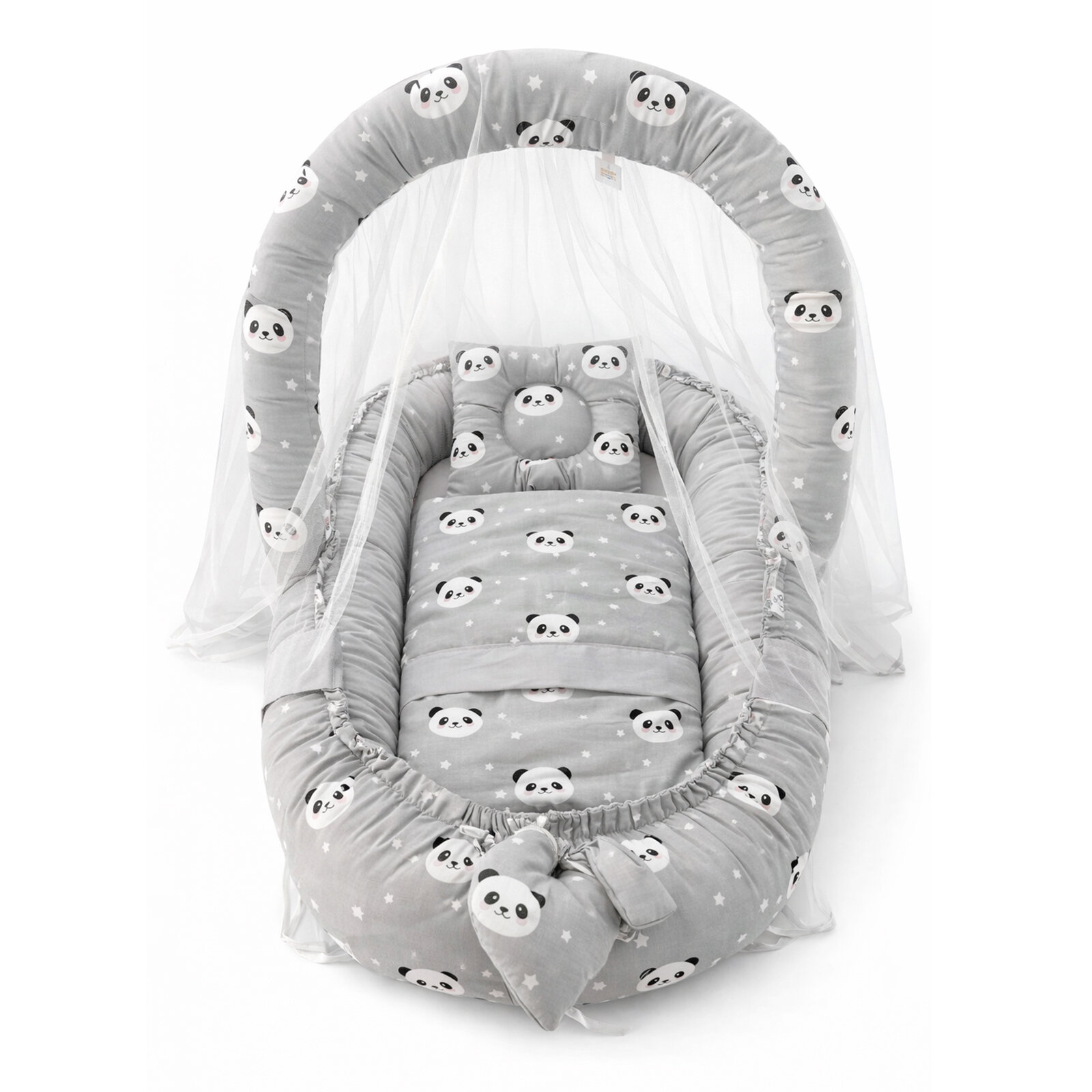 Gri Panda Cibinlik Tüllü, Pike Battaniyeli, Oyuncak Askı Aparatlı Babynest | 0–24 Ay