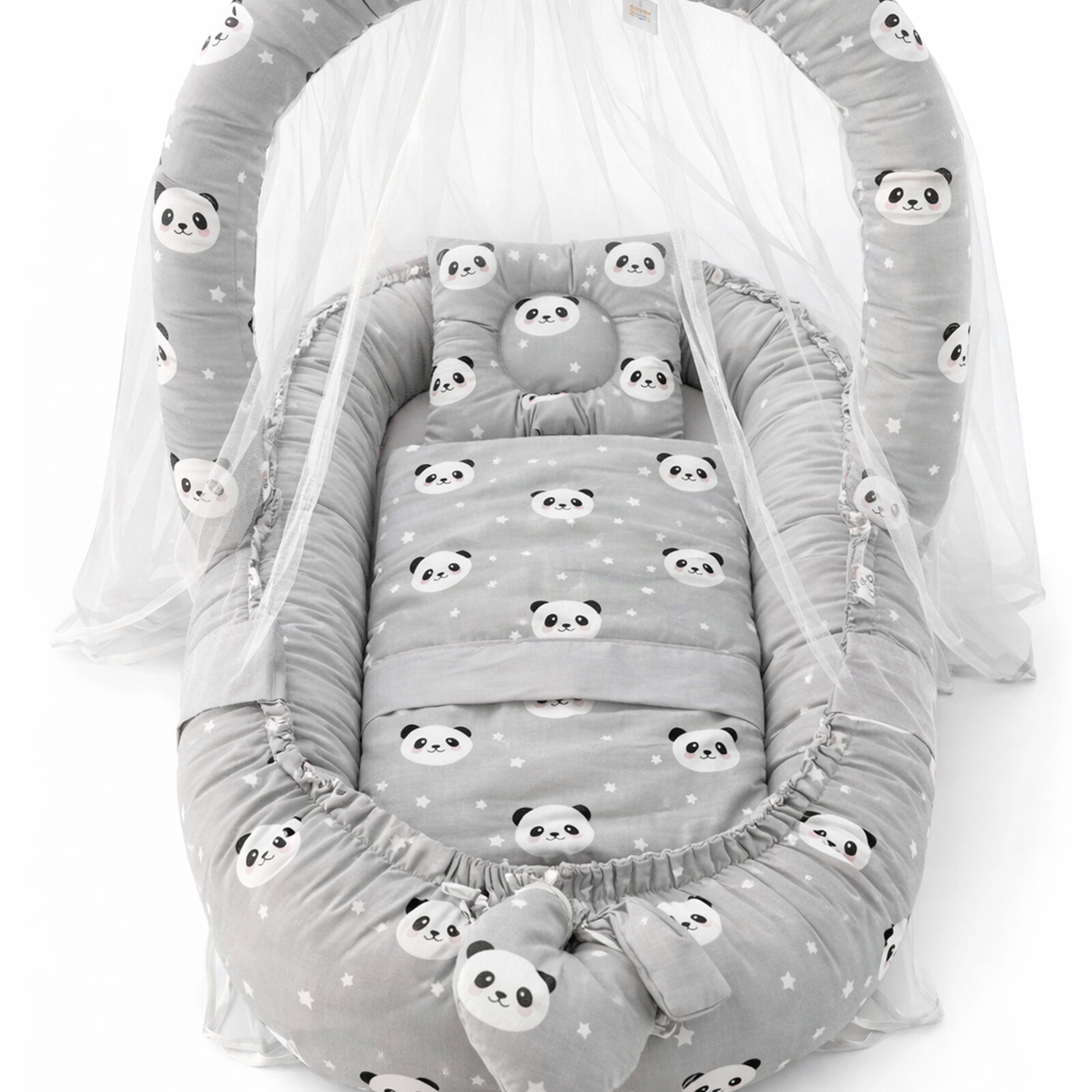 Gri Panda Cibinlik Tüllü, Pike Battaniyeli, Oyuncak Askı Aparatlı Babynest | 0–24 Ay