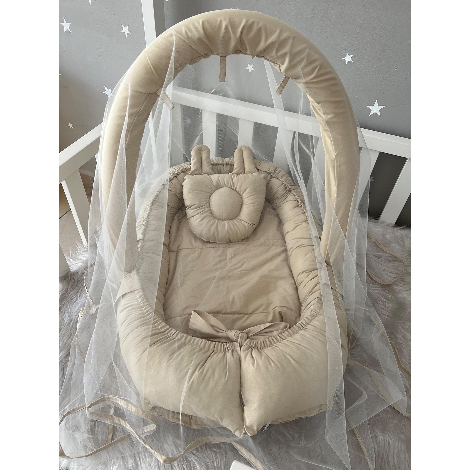 Premium Bej Tüllü Babynest – Kulaklı Baş Yastığı Dahil