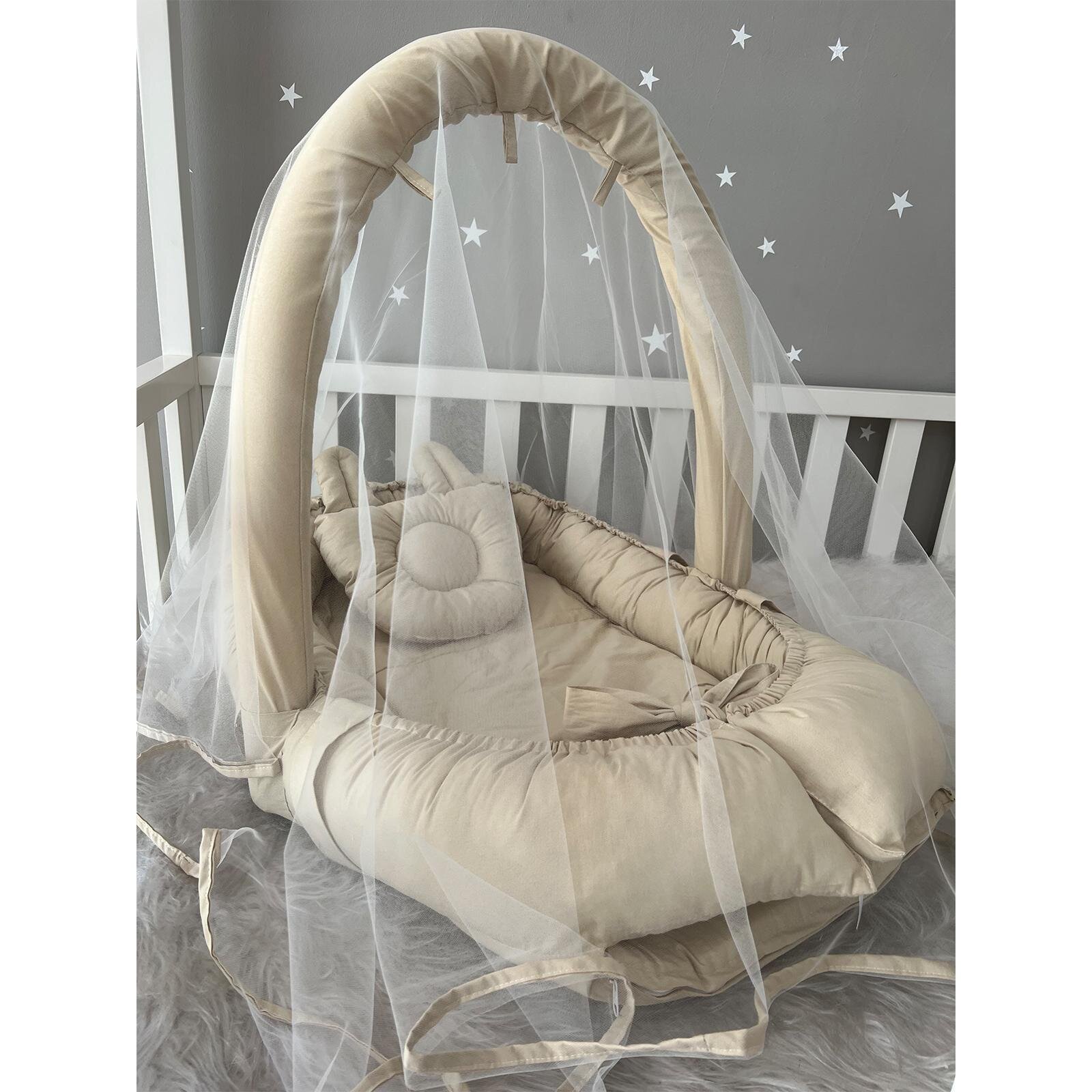 Premium Bej Tüllü Babynest – Kulaklı Baş Yastığı Dahil